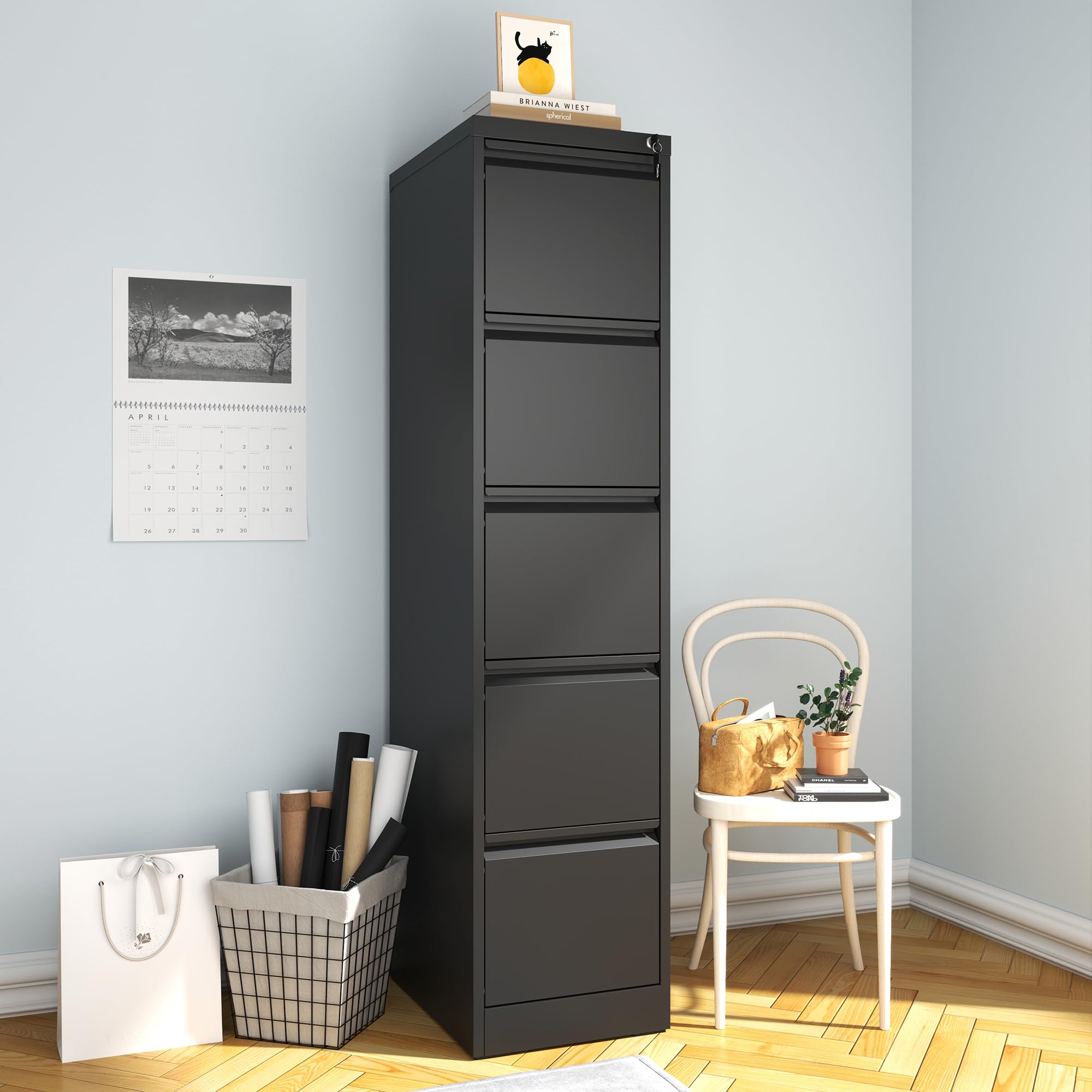 5-Drawer Vertical File Cabinet with Lock - Heavy Duty Steel Office Filing Cabinet for Hanging Letters, Legal & A4 Documents - Perfect for Home Office Organization & Document Storage (Black, Assembly Required)