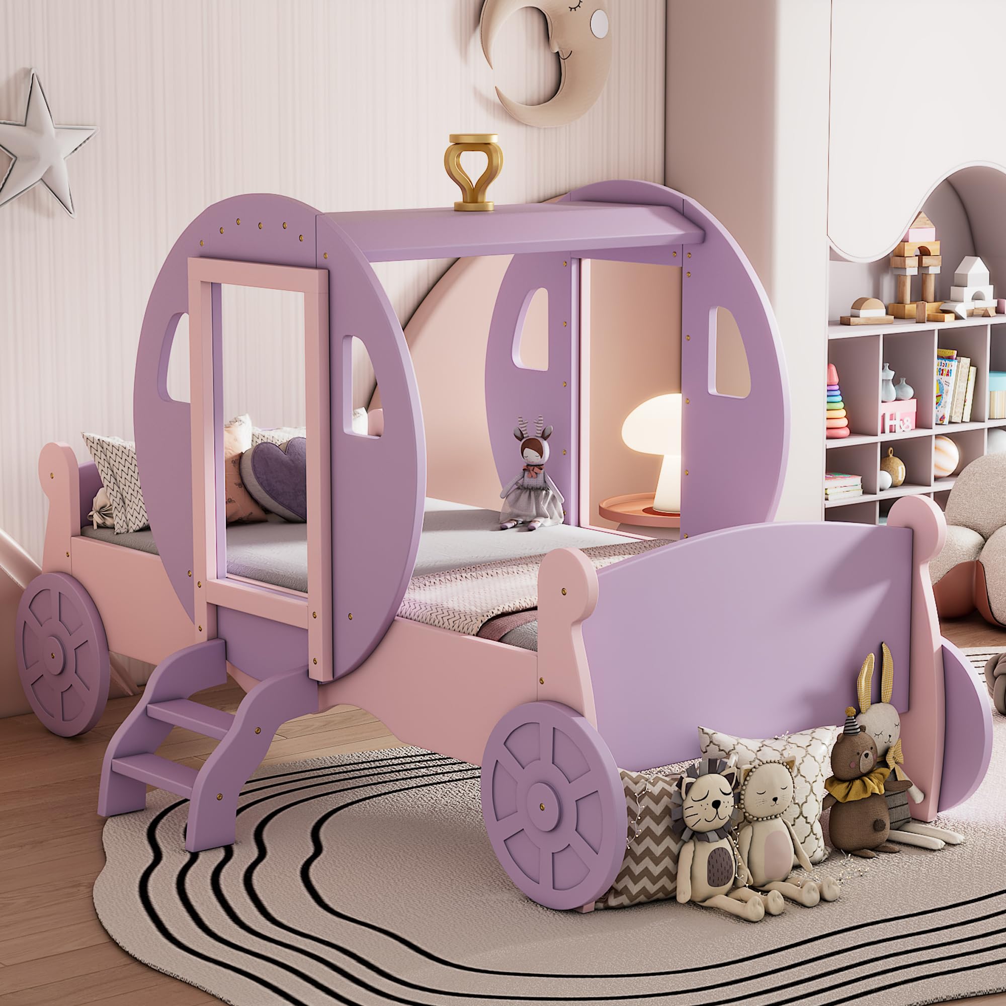 LZ LEISURE ZONE Twin Size Princess Carriage Bed with Crown - Wooden Twin Platform Bed Frame with Stairs in Purple & Pink - Perfect for Girls' Bedroom, Fairytale Theme Decor, and Kids' Fantasy Sleep Space