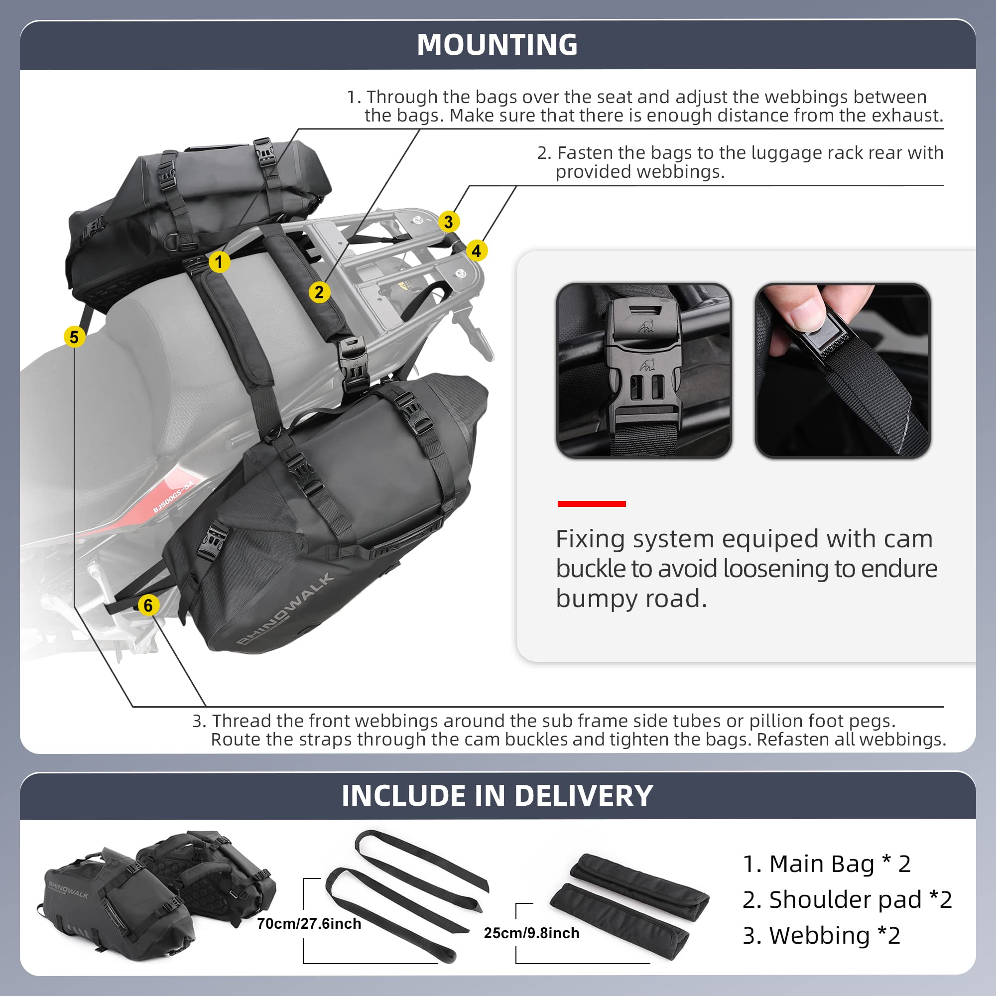 **HUNTVP 48L Waterproof Motorcycle Saddlebags & Tail Bag (2x24L) - Universal Black XL Storage Side Bags for Motorbike - Ideal for Touring, Commuting & Adventure Riding**