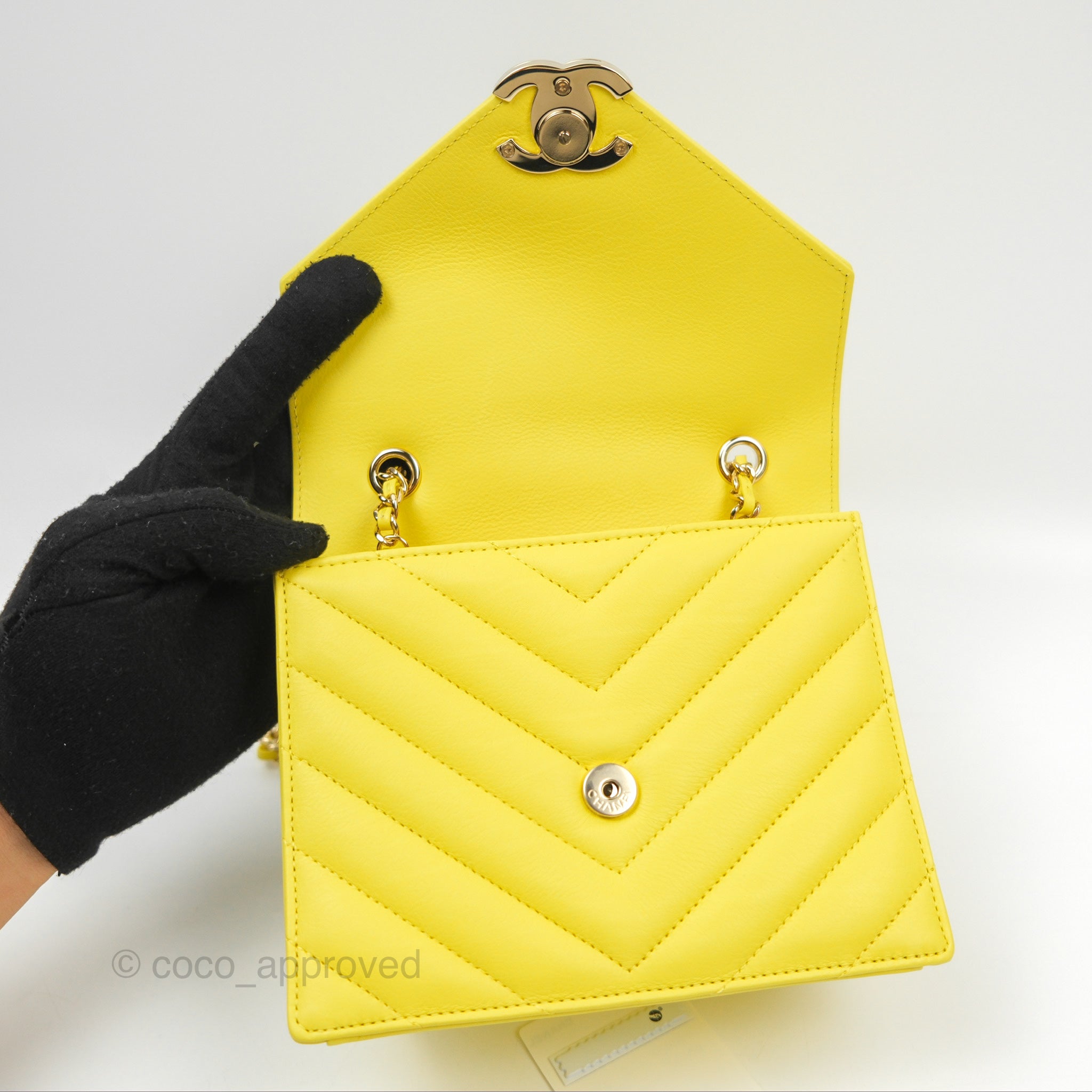 Chanel Chevron Square Envelope Flap Bag in Yellow - 19C Collection | Luxury Crossbody Bag for Women, Perfect for Parties & Evening Events