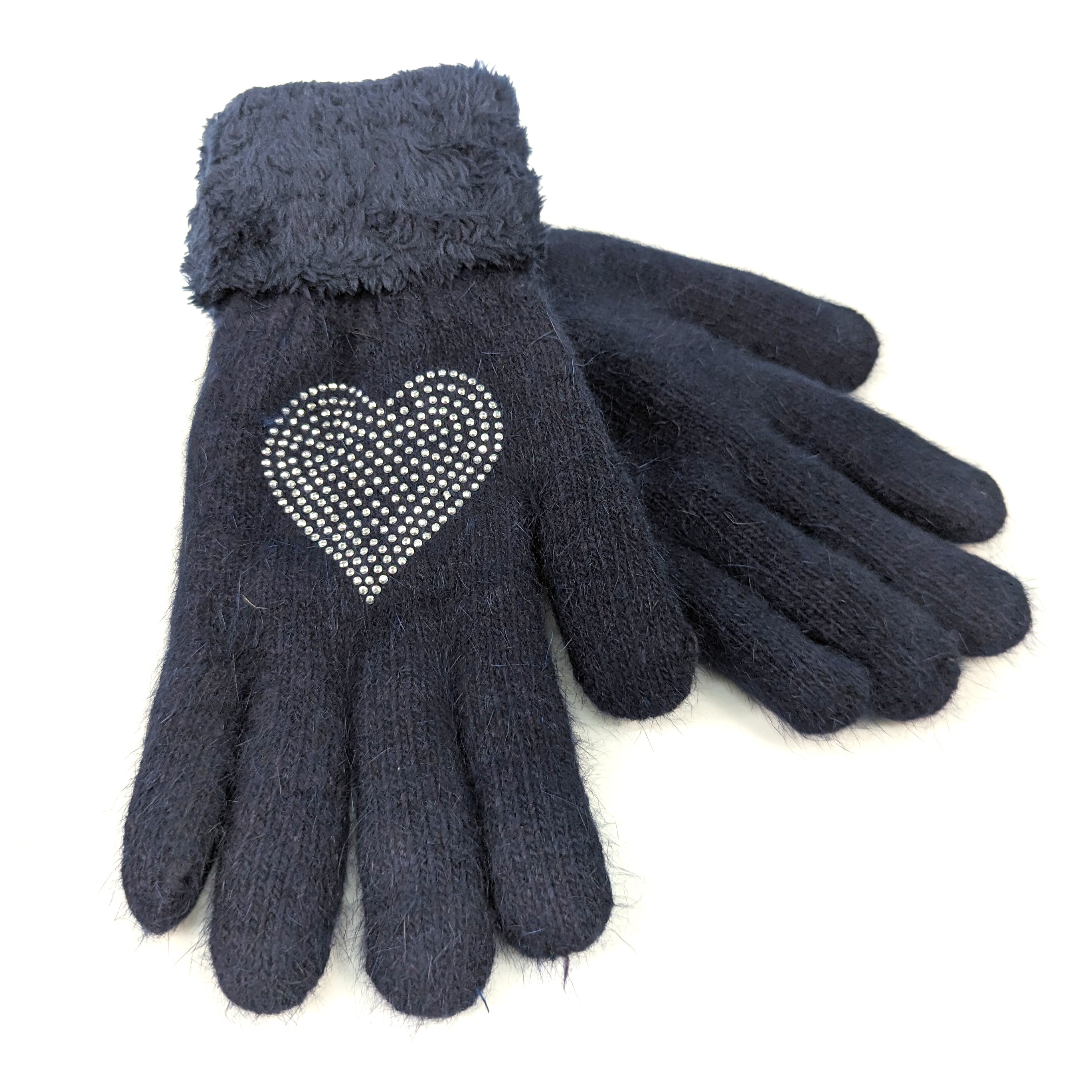 Heart Faux Fur Gloves for Women - Navy Blue Winter Fashion Accessories | Perfect for Cold Weather, Date Nights & Holiday Gifts