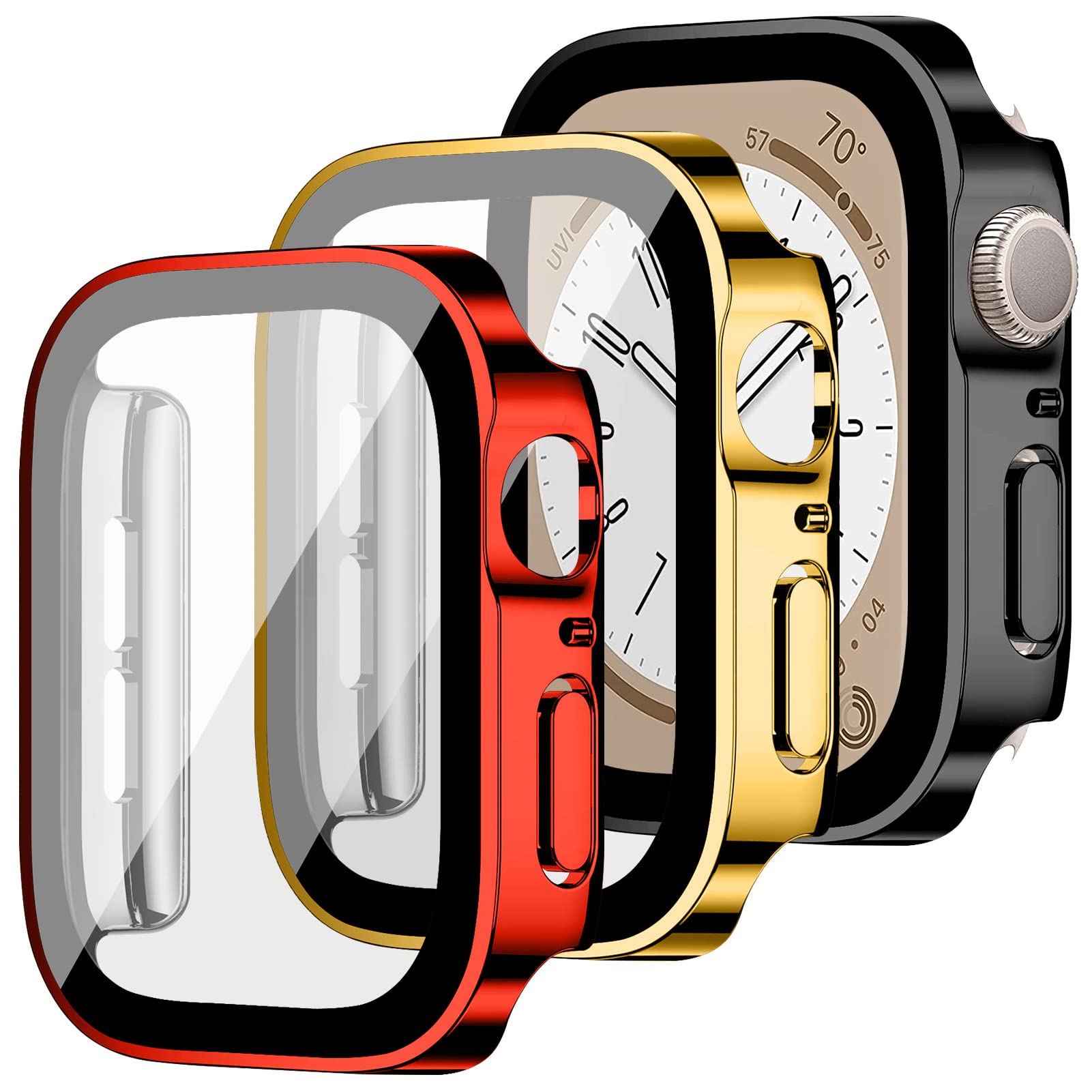 3 Pack Apple Watch Series 9/8/7 Screen Protector Case - Ultra Thin Anti-Scratch Bumper Cover with 9H Tempered Glass (45mm) - Transparent, Black & Silver | Perfect for Gym, Work & Outdoor Activities