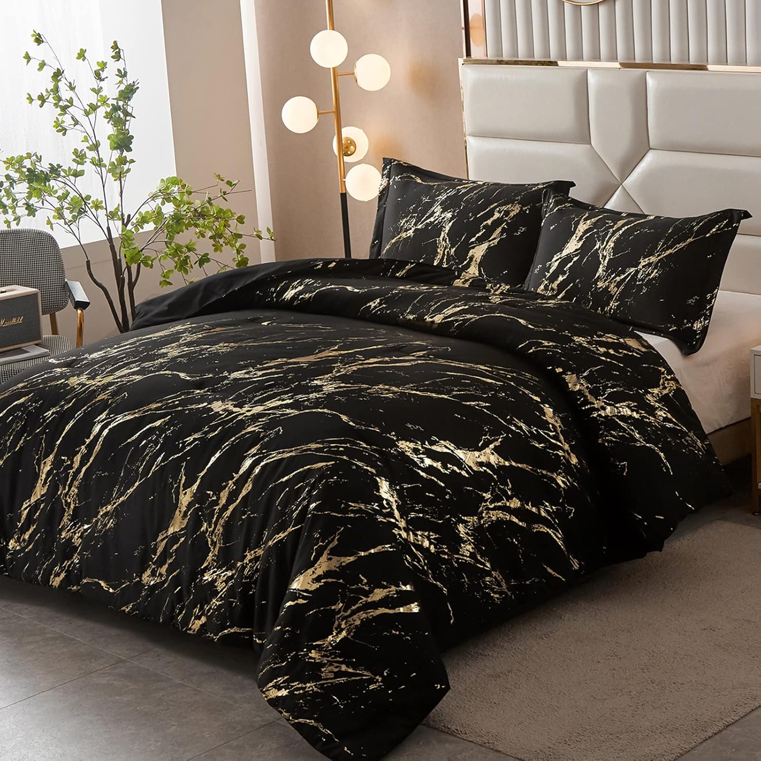 Black Gold Metallic Marble Comforter Set - Queen Size 3-Piece Bedding with Foil Print Glitter | Luxury Bedroom Decor for Modern Homes & Guest Rooms