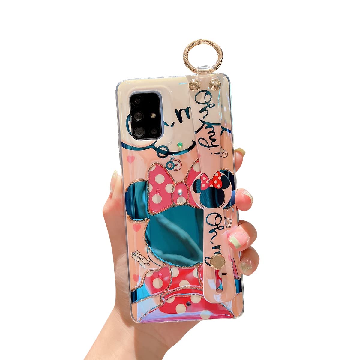 Cute Glitter Bling Shockproof Protective Case for Samsung Galaxy A71 5G (Not 4G & UW Verizon) - Soft TPU Cover with Wrist Strap & Kickstand for Girls & Women - Minnie Design - Perfect for Daily Use, Work & Travel