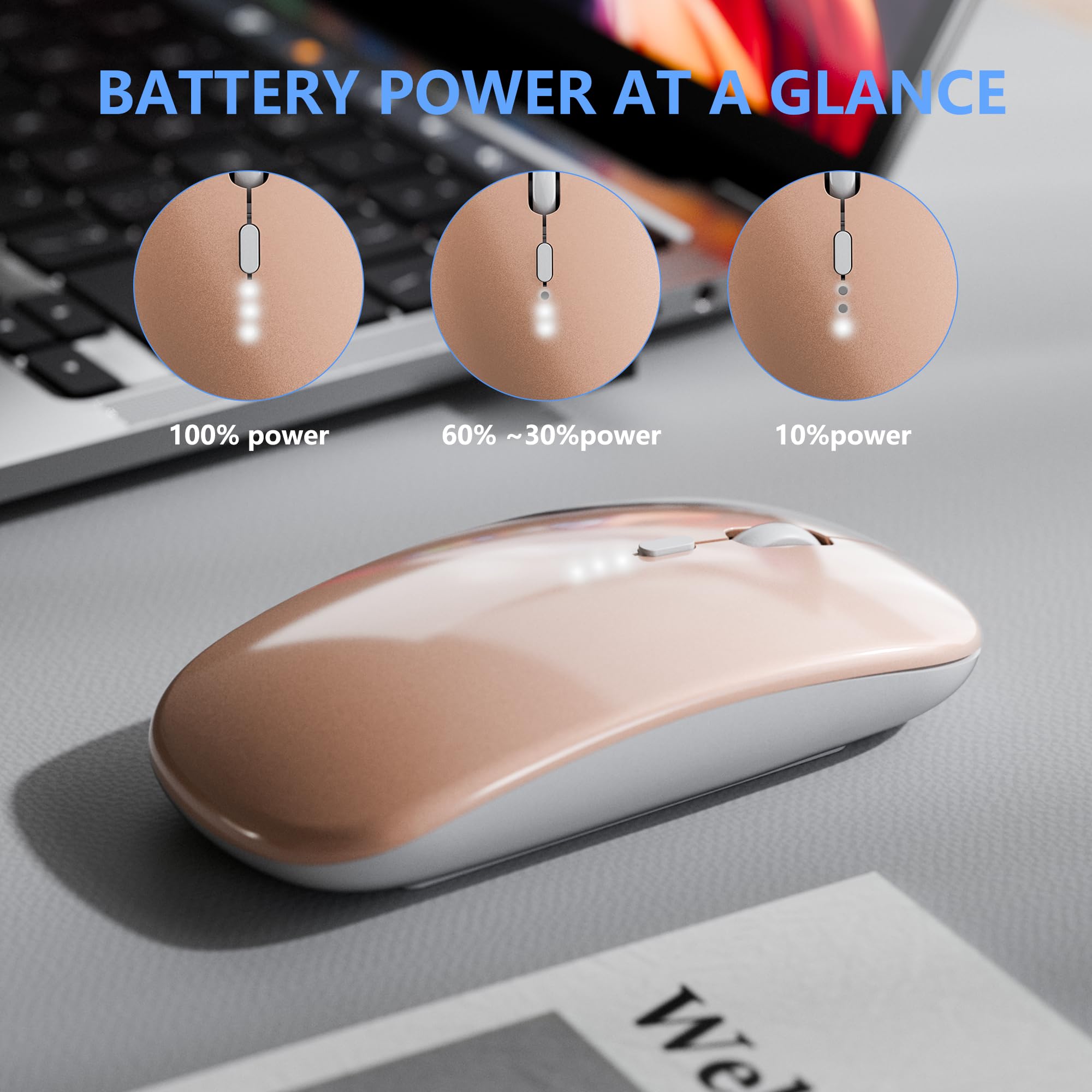 Slim Rechargeable Wireless Silent Mouse - 2.4G & Bluetooth Dual Mode, USB/Type-C Connectivity for Laptop, PC, Mac, iPad - Ergonomic Design for Office, Home & Travel Use (Gold)