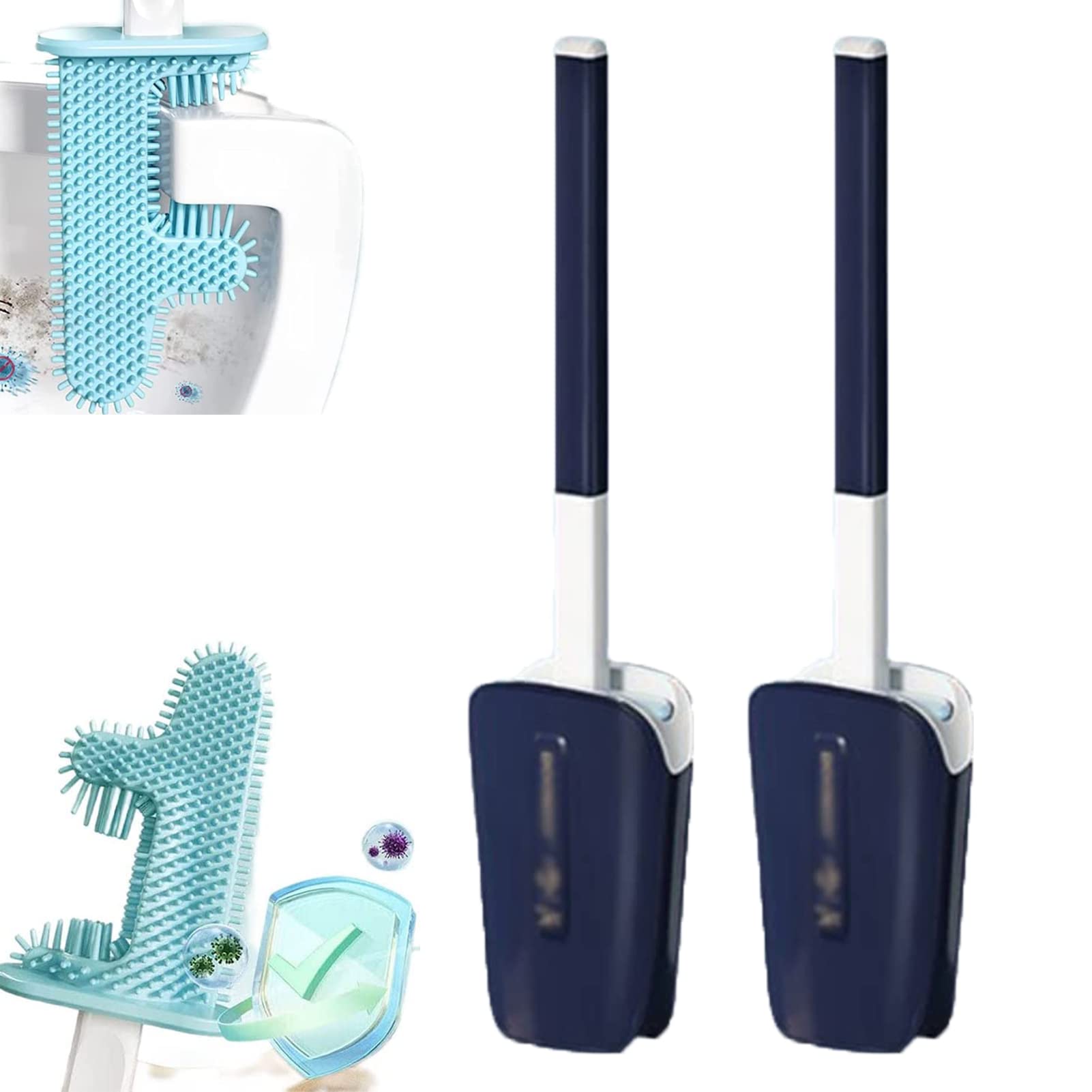 2PCS Wall Mounted Toilet Brush Set - No Dead Corner Cactus Design, Soft Silicone Flexible Bristles with Holder - Long Handle Bathroom Cleaning Tool for Hard-to-Reach Areas (Blue) - Perfect for Small Bathrooms, Tight Spaces & Hygienic Cleaning