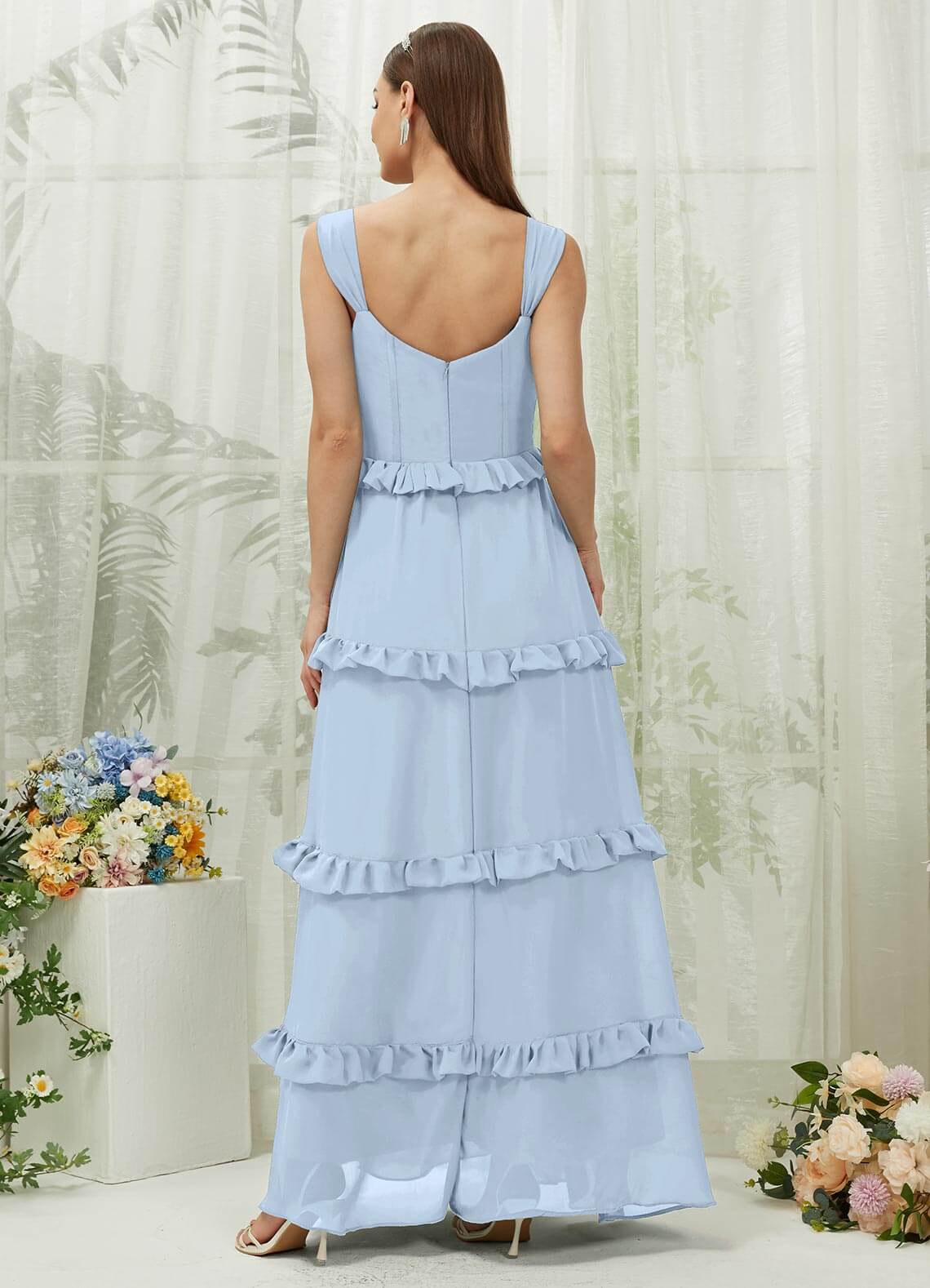 Cornflower Blue Chiffon Sweetheart Neckline Strapless Tiered Maxi Bridesmaid Dress for Wedding Party & Formal Occasions
