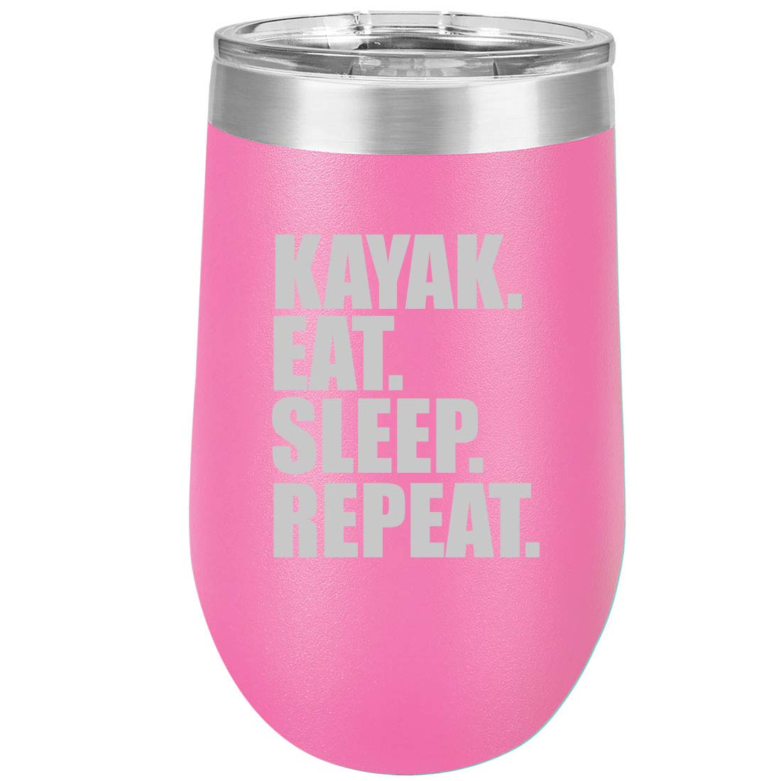 16 oz Double Wall Vacuum Insulated Stainless Steel Wine Tumbler with Lid - Stemless Coffee Travel Mug for Hot & Cold Drinks - Kayak Eat Sleep Repeat Design (Hot Pink) - Perfect for Camping, Hiking, Office & Daily Commute