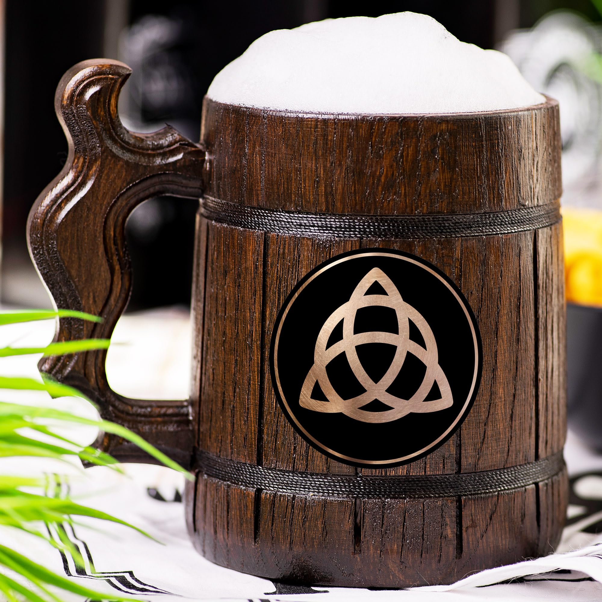 Viking Celtic Trinity Knot Personalized Beer Stein - Custom Engraved Wooden Tankard Mug for Men, Unique Gifts for Dad, Husband, Groom - Perfect for Anniversary, Birthday, Wedding & Gaming Enthusiasts - Great for Parties, Home Bars & Collectors