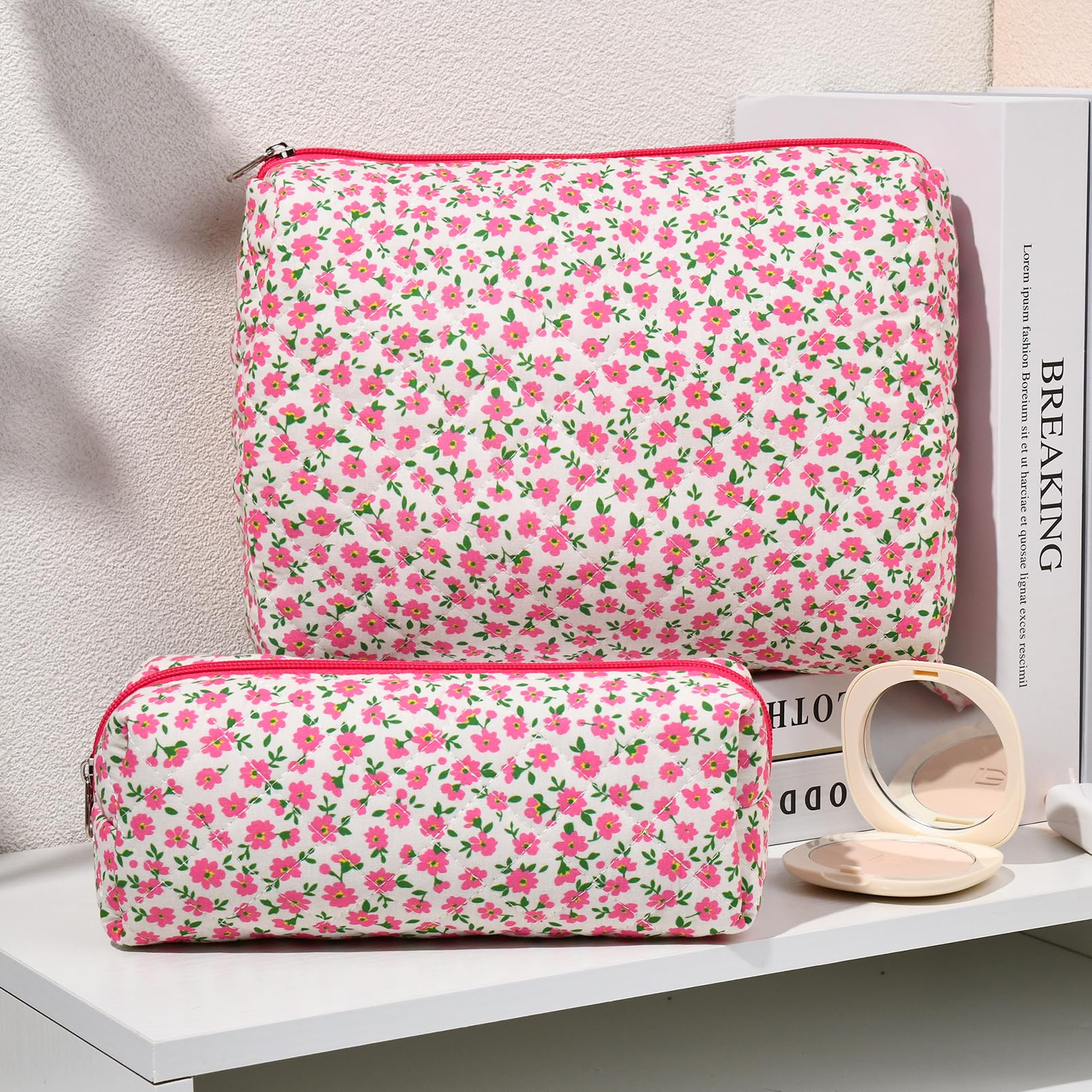 2 Pack Floral Quilted Makeup Bags for Women - Large Cotton Cosmetic Pouch, Travel Toiletry Organizer, Cute Aesthetic Puffer Bag for Girls (Perfect for Travel, Gym, Daily Use & Gift)