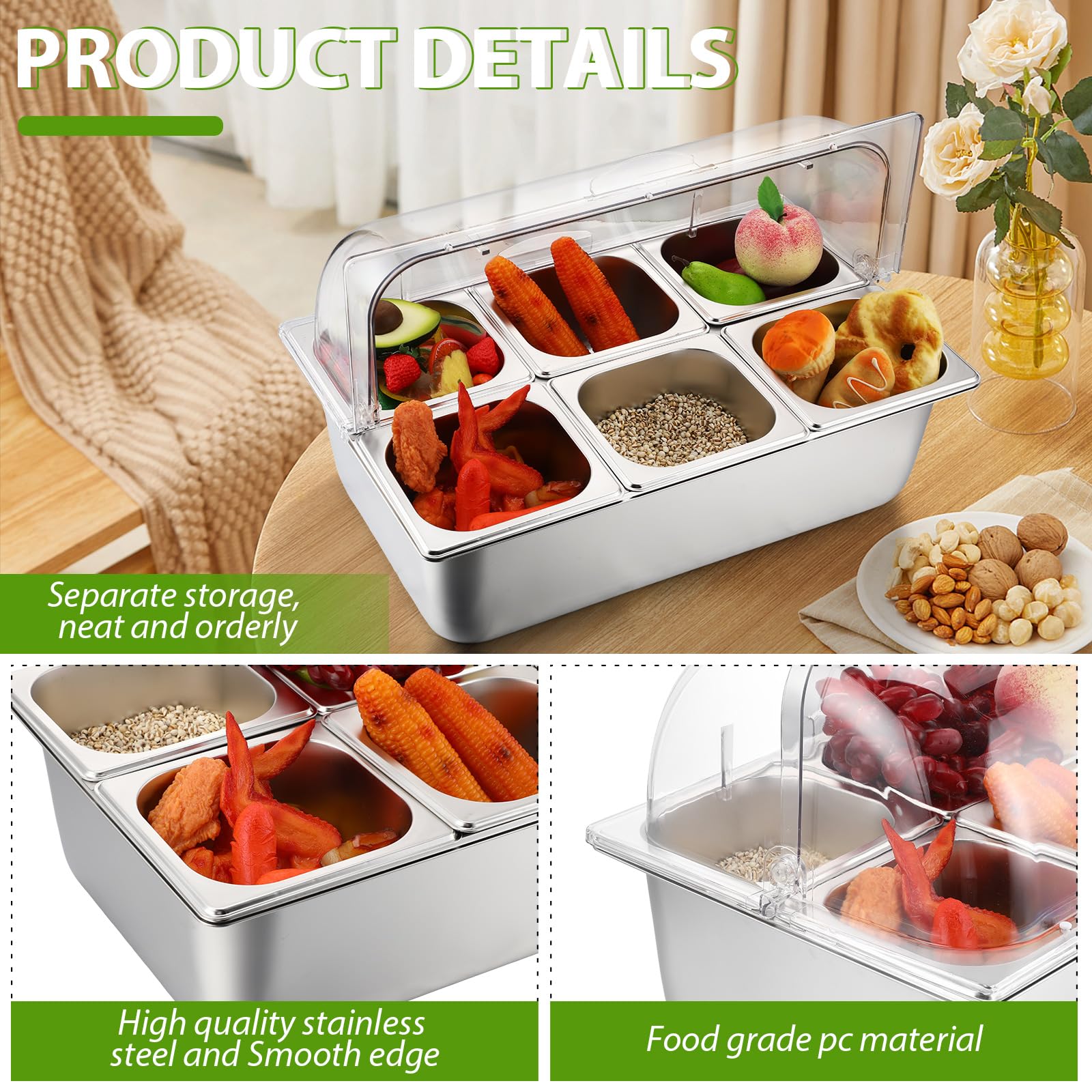 Stainless Steel Buffet Food Serving Tray with Clear Roll Top Cover - 6 Pan Countertop Display Container for Restaurants, Hotels & Parties | Perfect for Condiment Dispensing, Catering Events & Buffet Style Dining