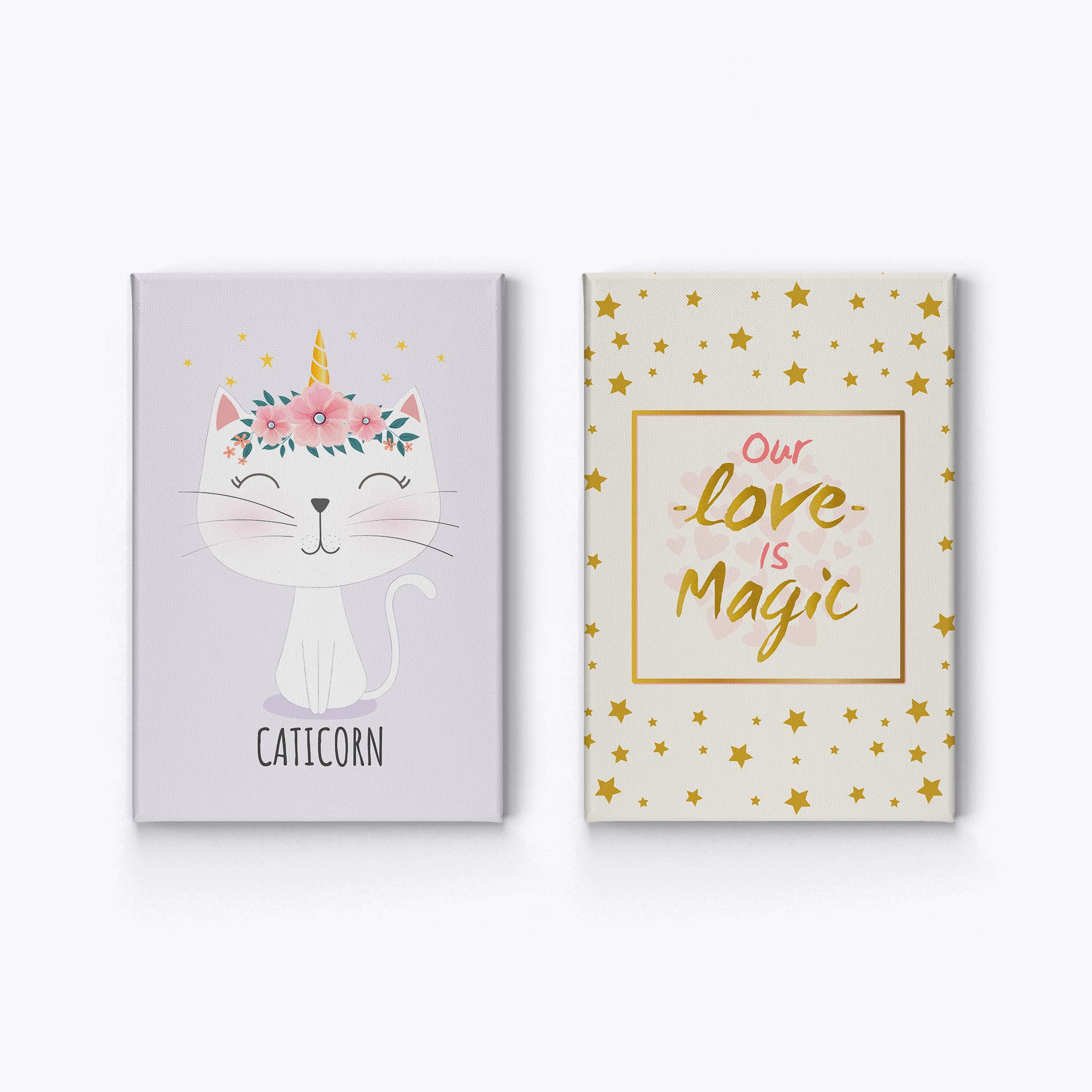 Cute Caticorn Unicorn Canvas Wall Art - 'Our Love is Magic' Quote 2-Panel Print Set (36x24 inches) for Kids Room, Nursery & Baby Room Decor | Ready to Hang | Made in USA | Perfect for Birthday Gifts & Playroom Wall Decor