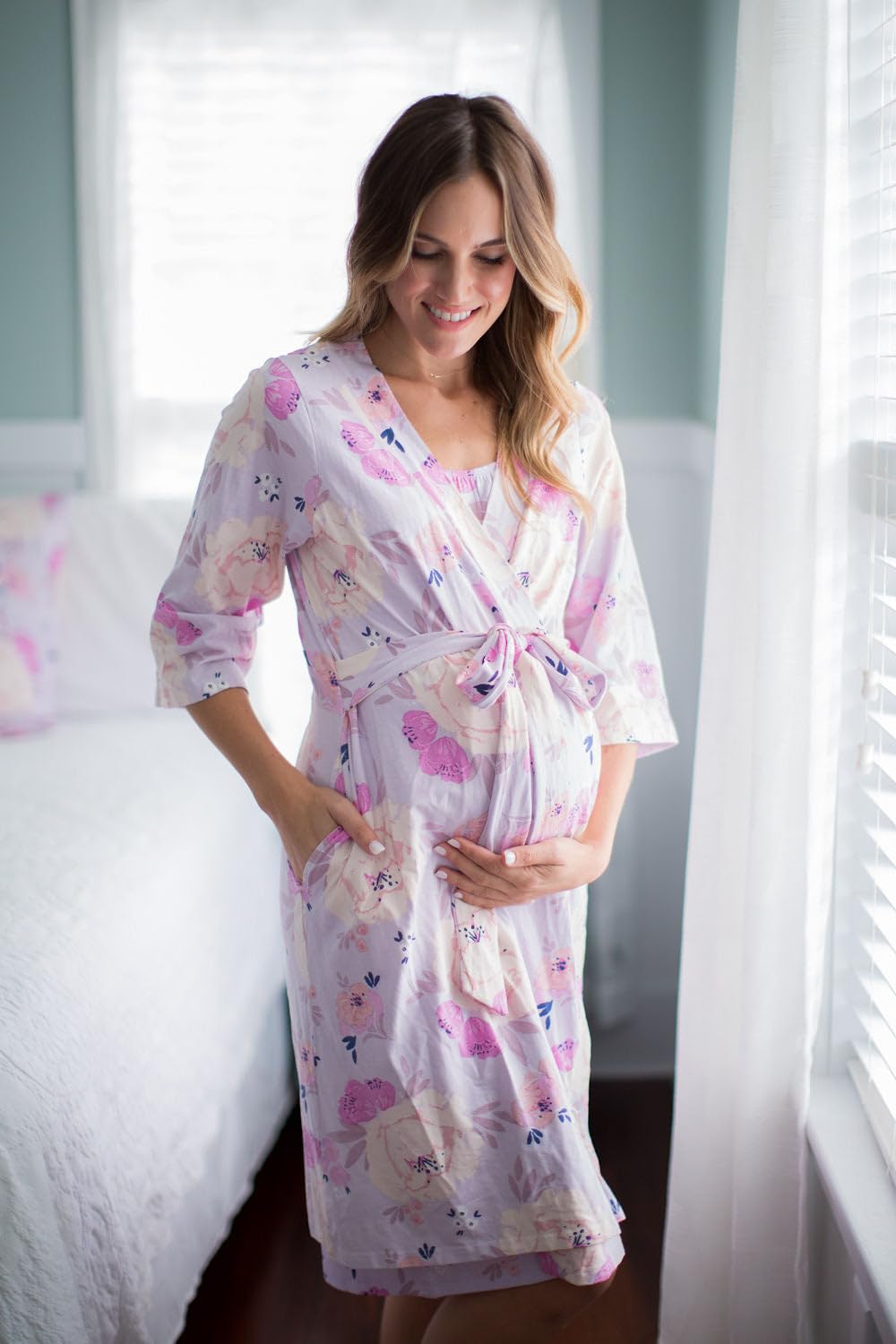 Baby Be Mine Maternity Nursing Delivery Robe & Baby Girl Swaddle Blanket Set with Daddy T-Shirt - Soft Comfortable Postpartum & Newborn Essentials for Hospital, Home & Photo Shoots