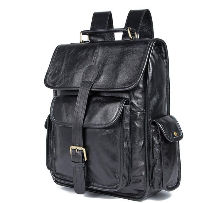 Men's Black Leather Laptop Backpack - Waterproof Business Computer Bag for Work, Travel & College - Fits 15.6 Inch Laptop with USB Charging Port