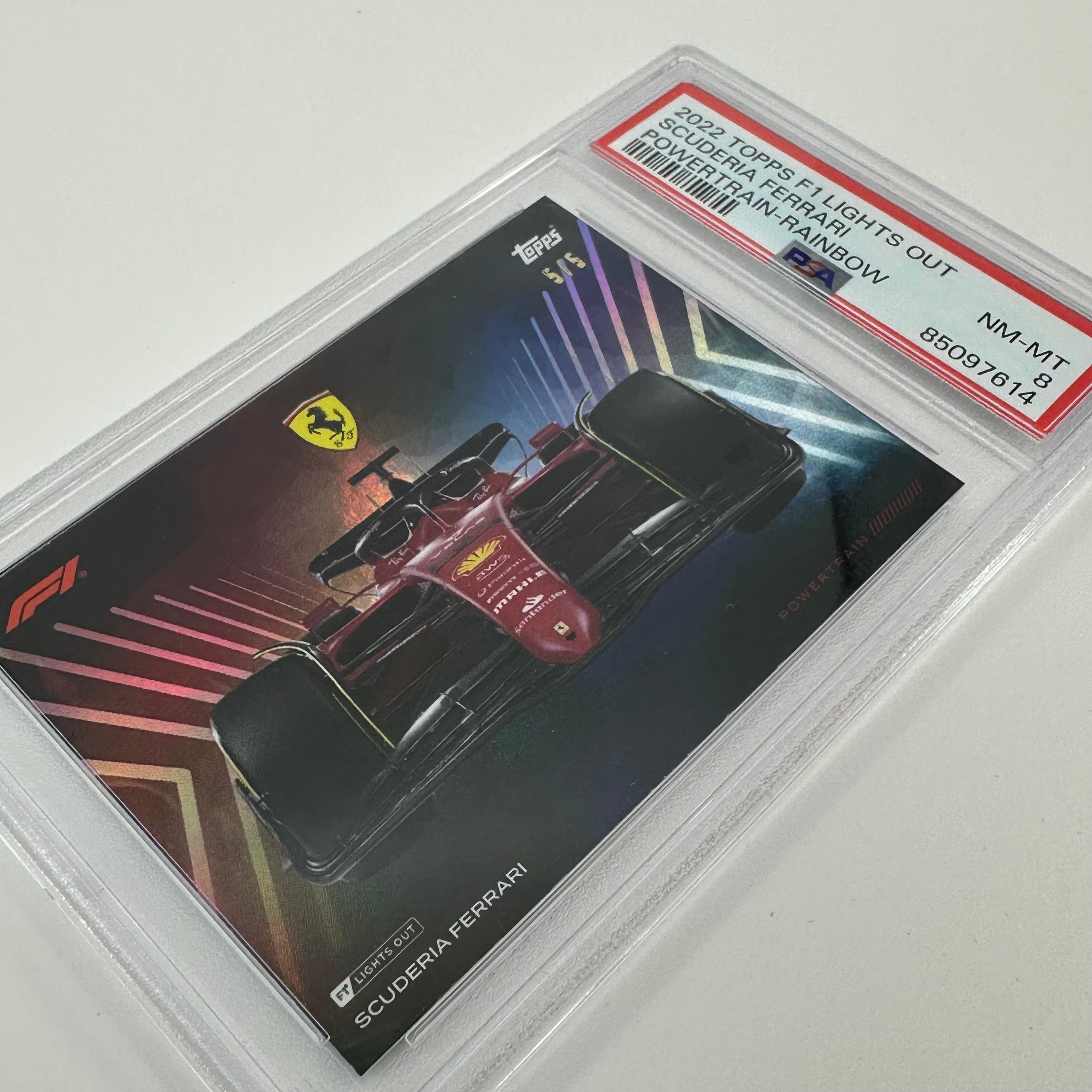 PSA 8 Graded Scuderia Ferrari Powertrain Rainbow Foil Trading Card - Rare Collectible for Sports Memorabilia & Racing Fans