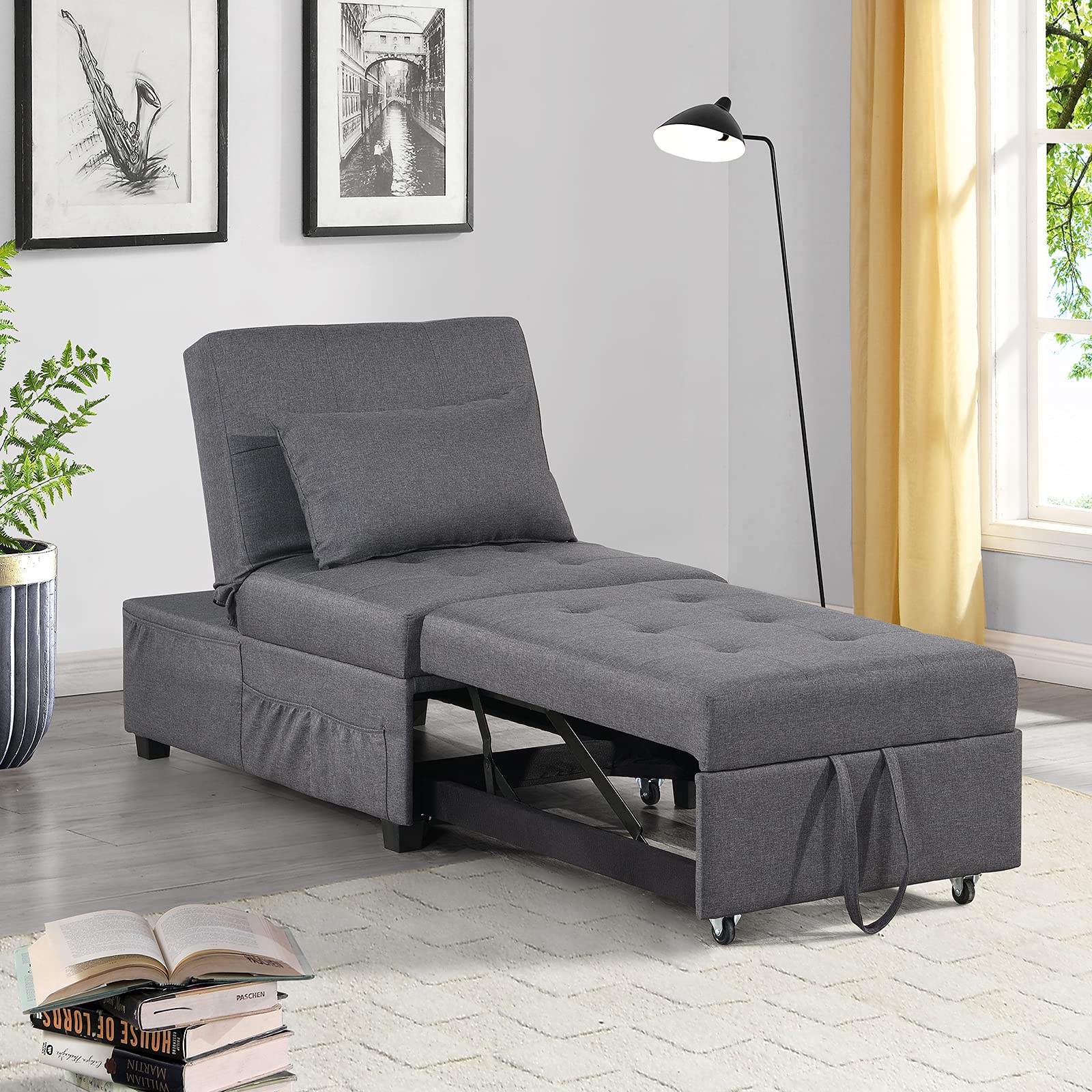 4-in-1 Convertible Chair Bed - Pull Out Sleeper Sofa with Adjustable Backrest, Modern Foldable Guest Bed for Living Room, Small Apartment & Studio (Dark Grey) | Perfect for Overnight Guests, Space-Saving Solutions & Multi-Functional Furniture