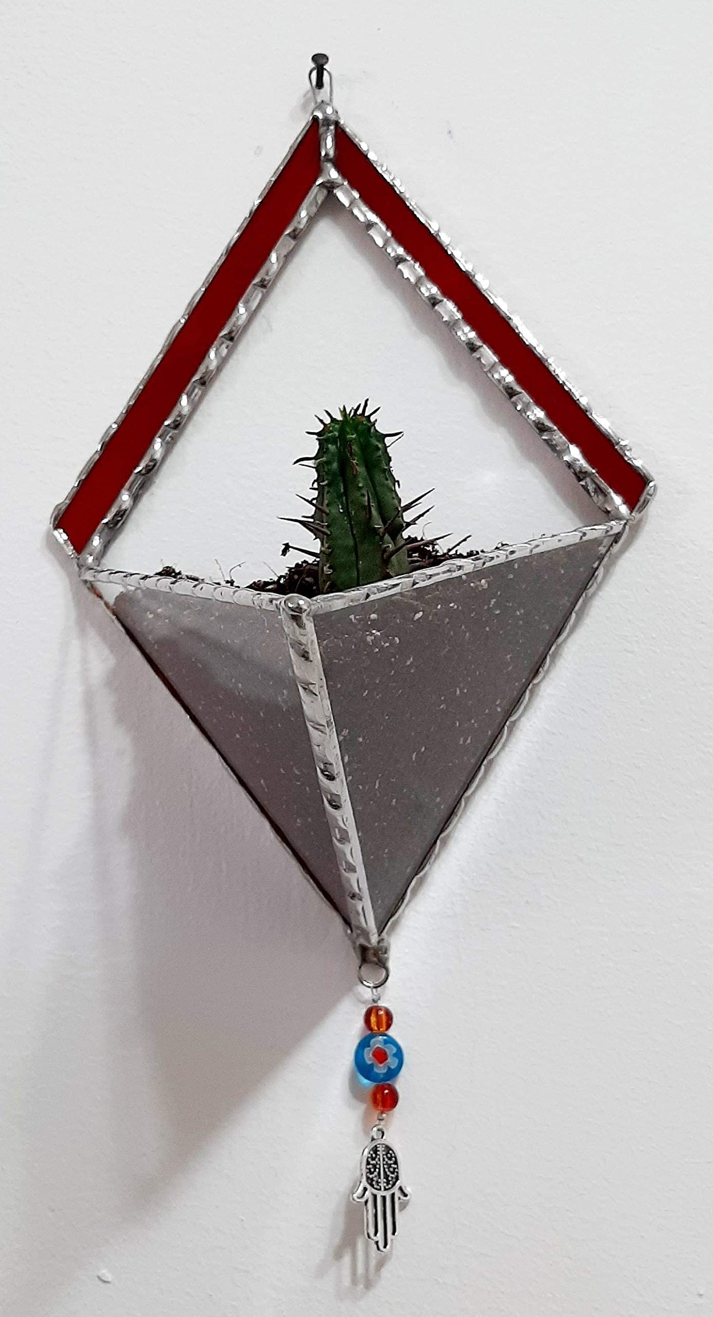 Transparent Diamond-Shaped Stained Glass Terrarium with Red Frame - Indoor Planter for Succulents, Air Plants & Home Decor | Perfect for Gardening, Office Desk & Unique Gift Ideas