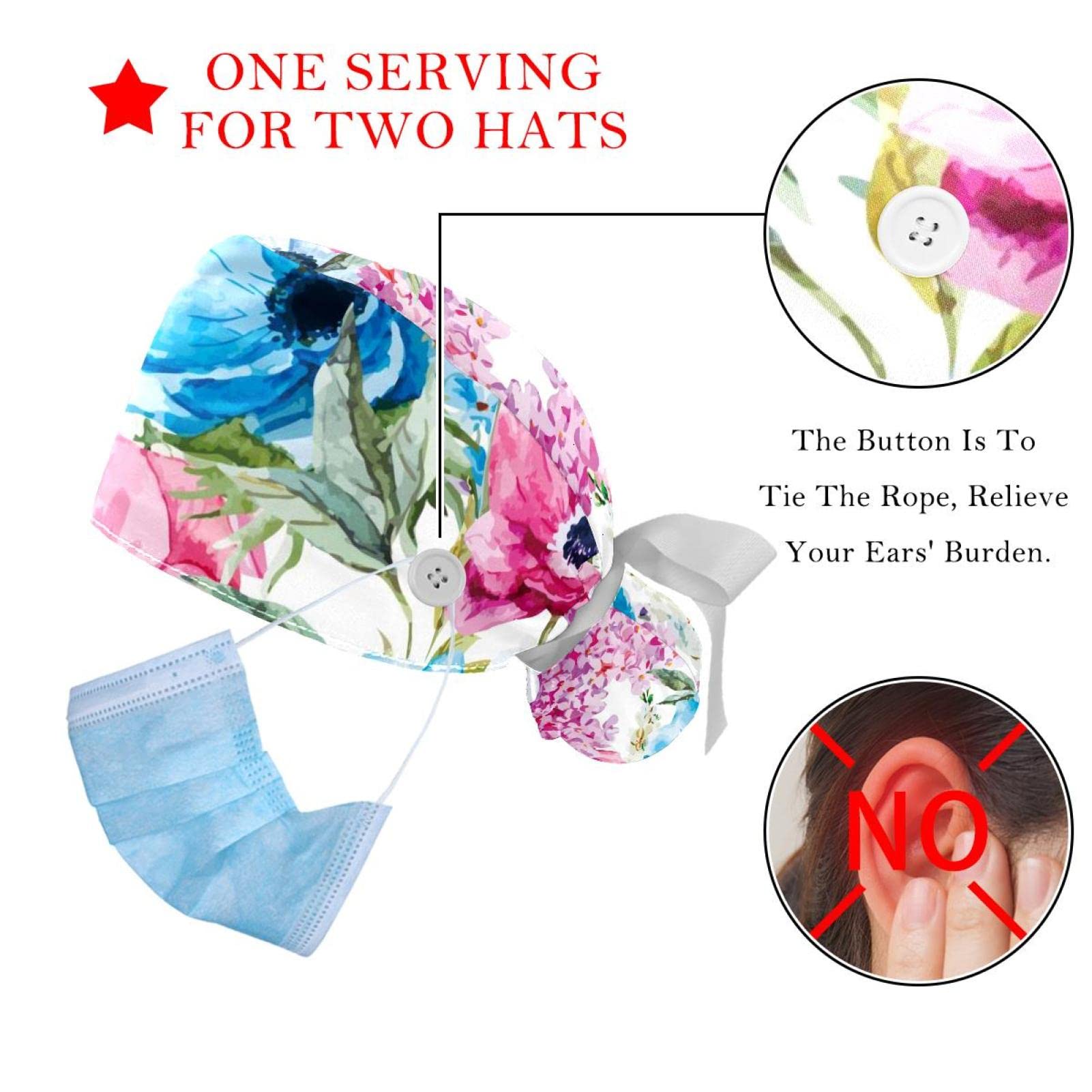 Women's Long Hair Scrub Hats - 2 Pack Unisex Surgical Caps with Button Closure & Sweatband - Comfortable Working Caps for Nurses, Doctors & Healthcare Professionals - Perfect for Hospitals, Clinics & Medical Shifts