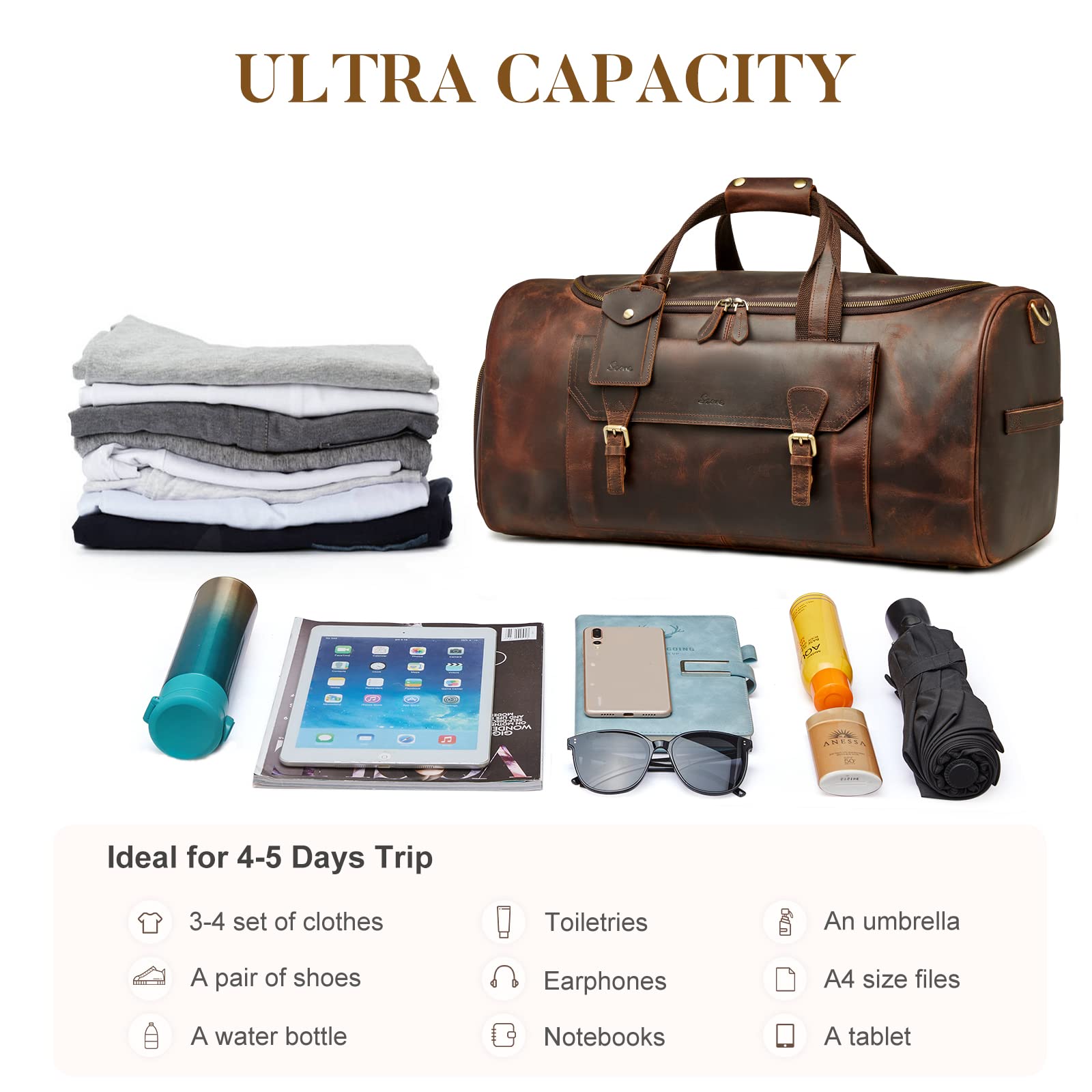 Premium Genuine Leather Travel Duffle Bag for Men & Women - Carry On Weekender Garment Bag with Spacious Compartments (Dark Brown) - Perfect for Business Trips, Gym, Weekend Getaways & Air Travel
