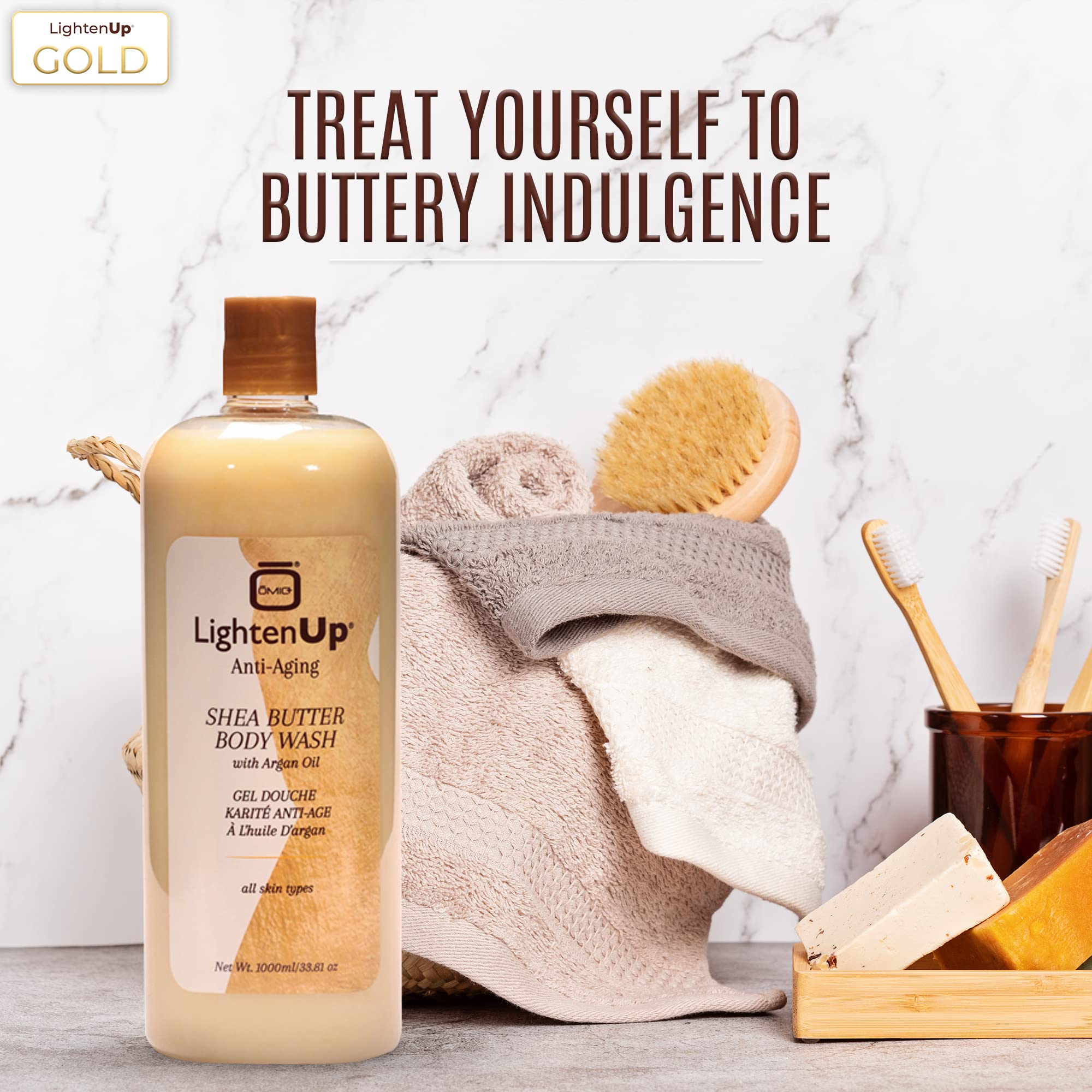 Omic LightenUp Anti-Aging Body Wash 33.8 fl oz (1000ml) - Skin Brightening & Softening Shower Gel with Argan Oil & Shea Butter - Hydrating & Nourishing for Dry, Dull Skin - Perfect for Daily Shower & Spa Relaxation