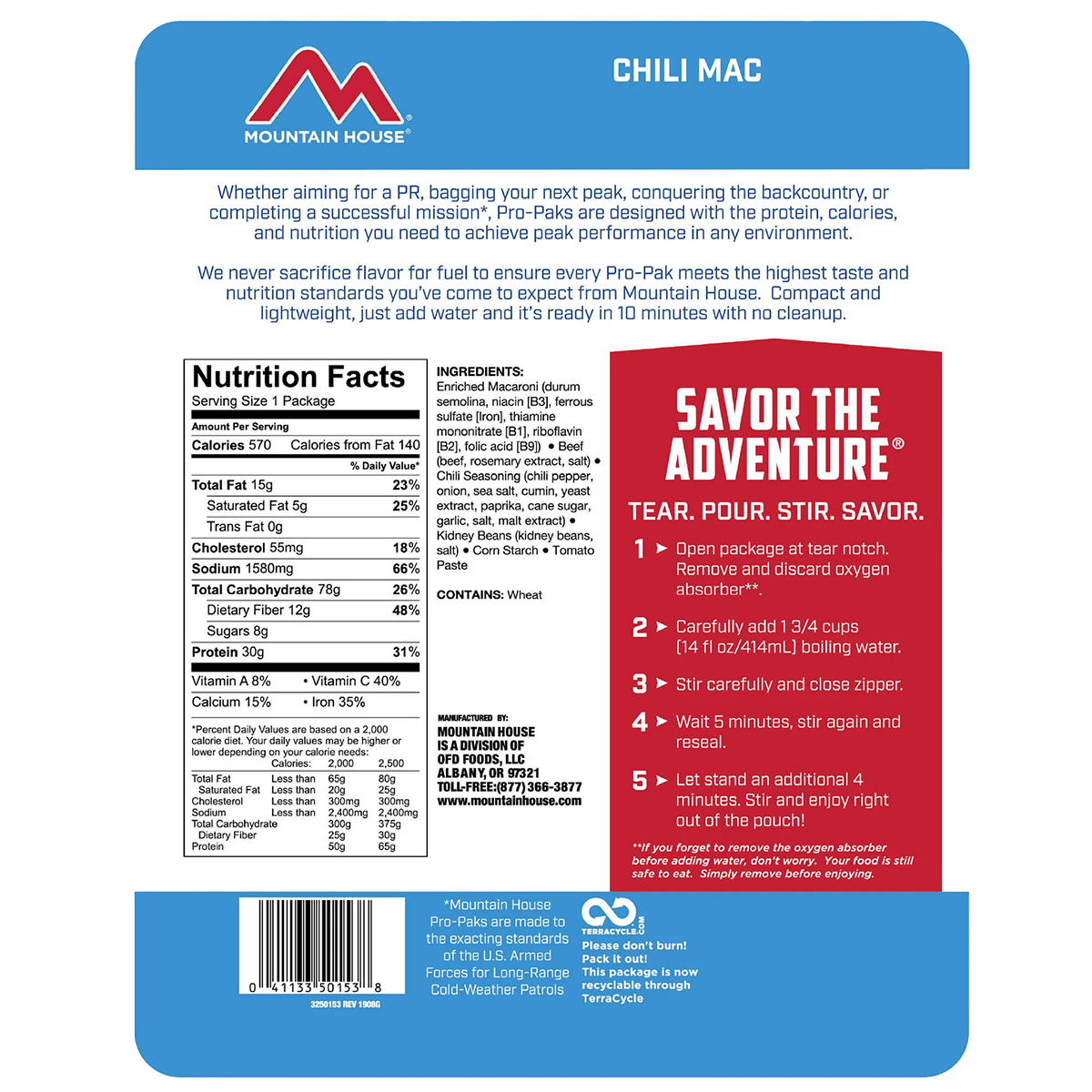 Chili Mac Beef Pro Pak - Premium Instant Meal for Camping, Hiking & Emergency Food Supply | Quick & Easy Comfort Food
