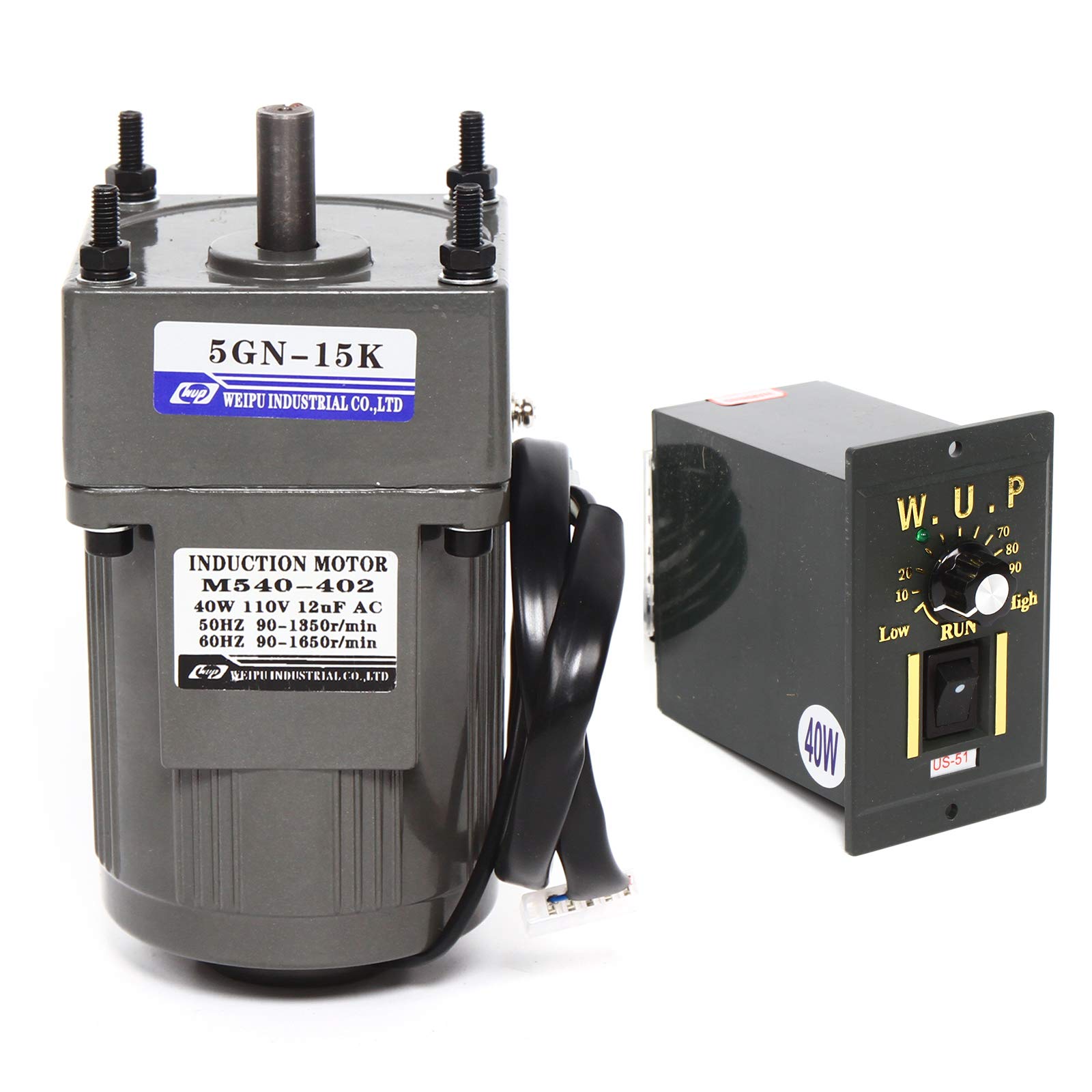 110V 40W 15K High Torque AC Gear Reduction Motor with Speed Controller (0-90 RPM Adjustable) - Single Phase Electric Gear Motor for Conveyors, Mixers & Industrial Machinery