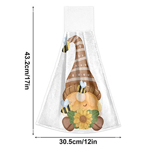 2PCS Sunflower Gnome Hanging Kitchen Towels - Summer Bee Dish Cloths with Loops, Soft Super Absorbent Hand Towels 12x17 Inch for Kitchen & Bathroom | Perfect for Drying Dishes, Decorating Farmhouse Kitchen & Guest Bathroom Essentials