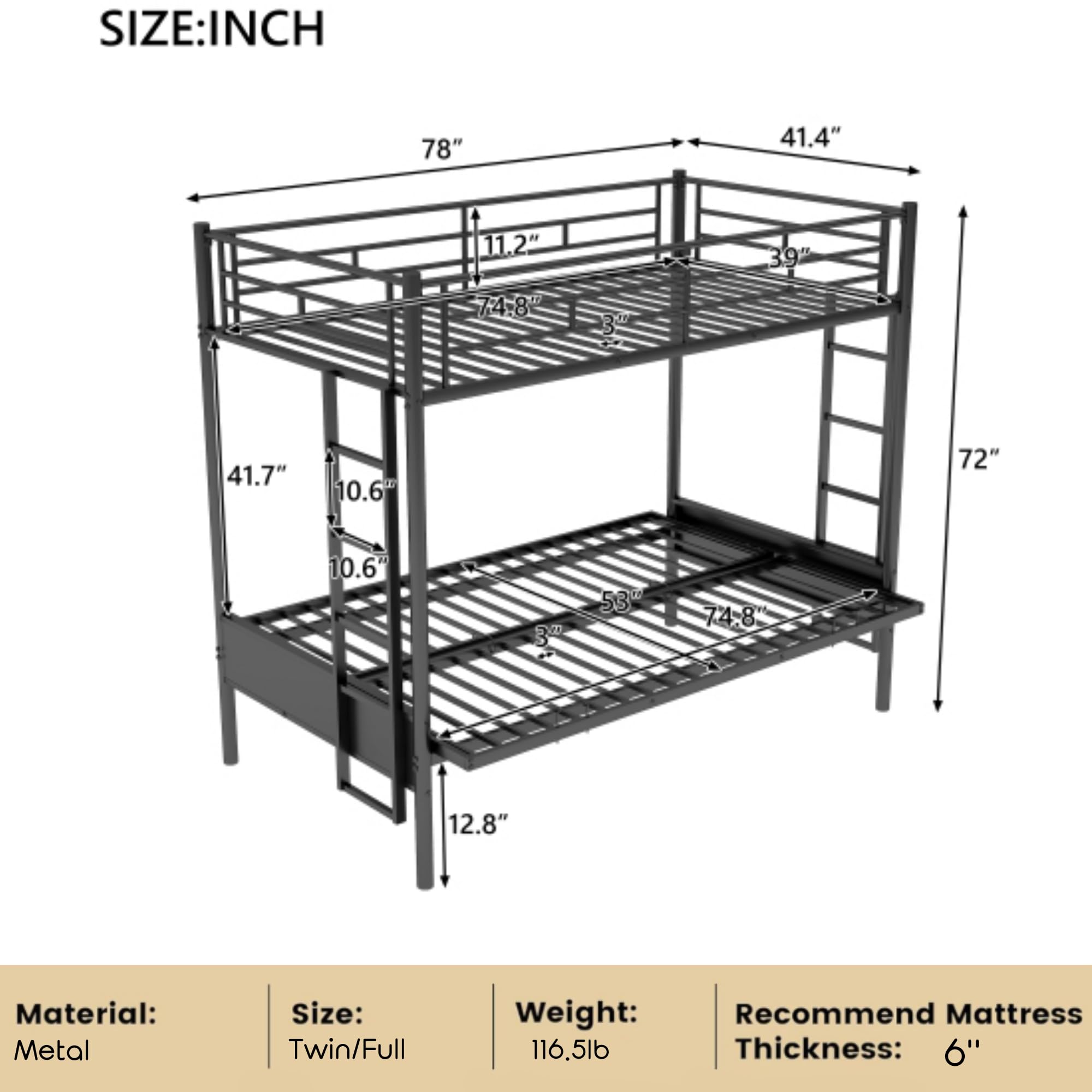 Convertible Twin Over Full Bunk Bed with Sturdy Steel Frame - Metal Bunk Bed & Sofa for Kids, Teens & Adults - Space-Saving Black Bed Frame with Safety Guard Rail & Ladder - Perfect for Small Bedrooms, Guest Rooms & Dormitories