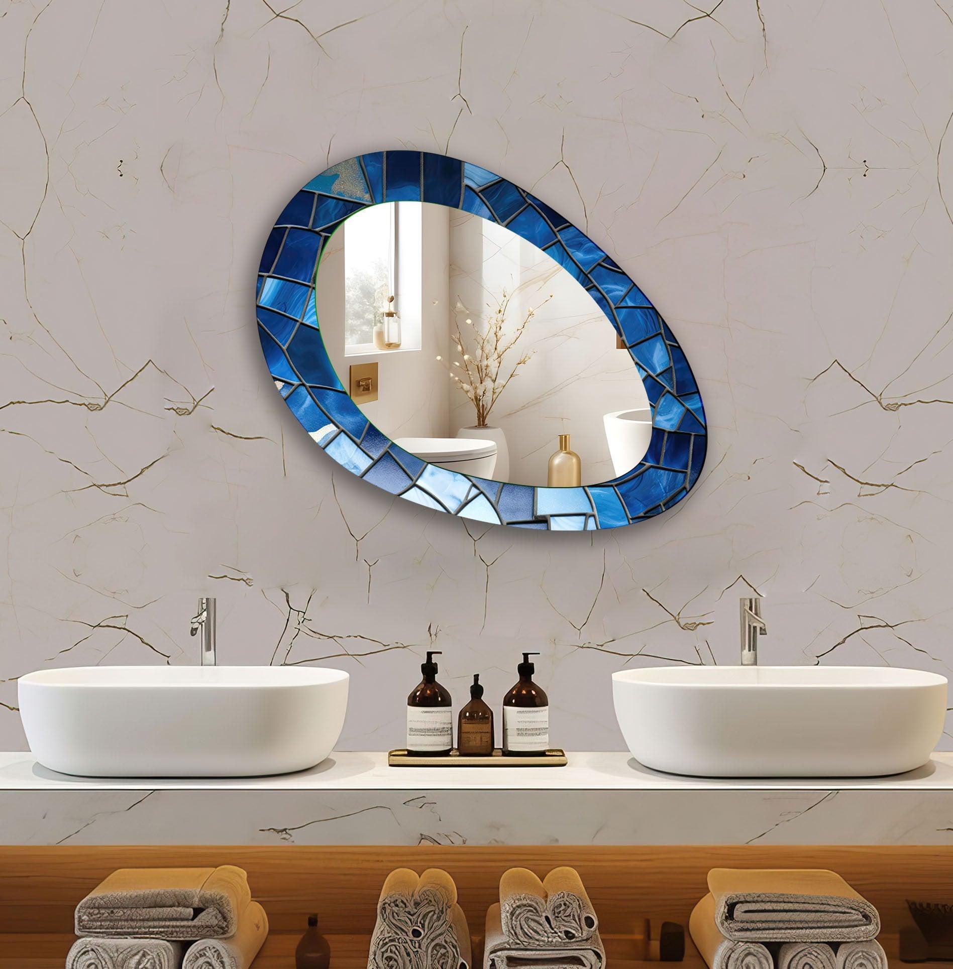Vintage Blue Stained Oval Wall Mirror - Handcrafted Decorative Mirror for Living Room, Bedroom, or Entryway - Boho Home Decor & Unique Wall Art