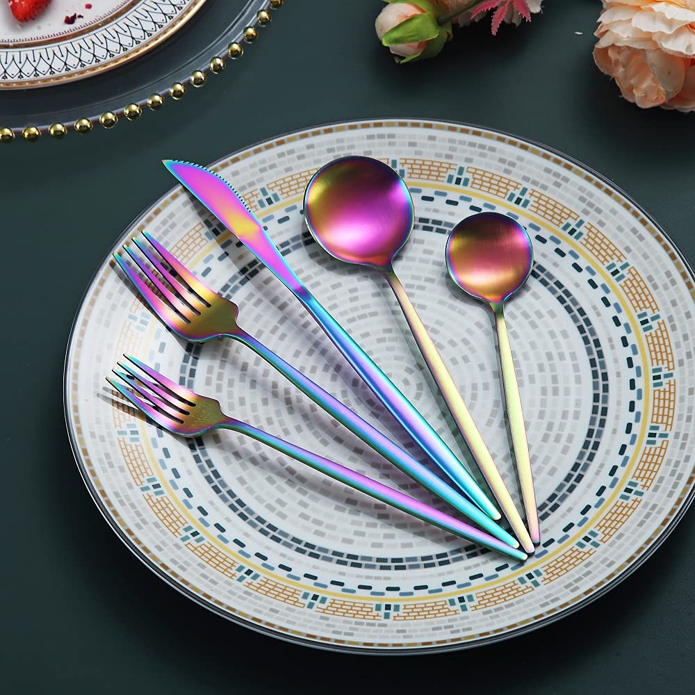 20-Piece Matte Rainbow Flatware Set - Stainless Steel Colorful Silverware with Titanium Plating - Durable Cutlery Set for 4 - Perfect for Dinner Parties, Weddings & Stylish Home Dining