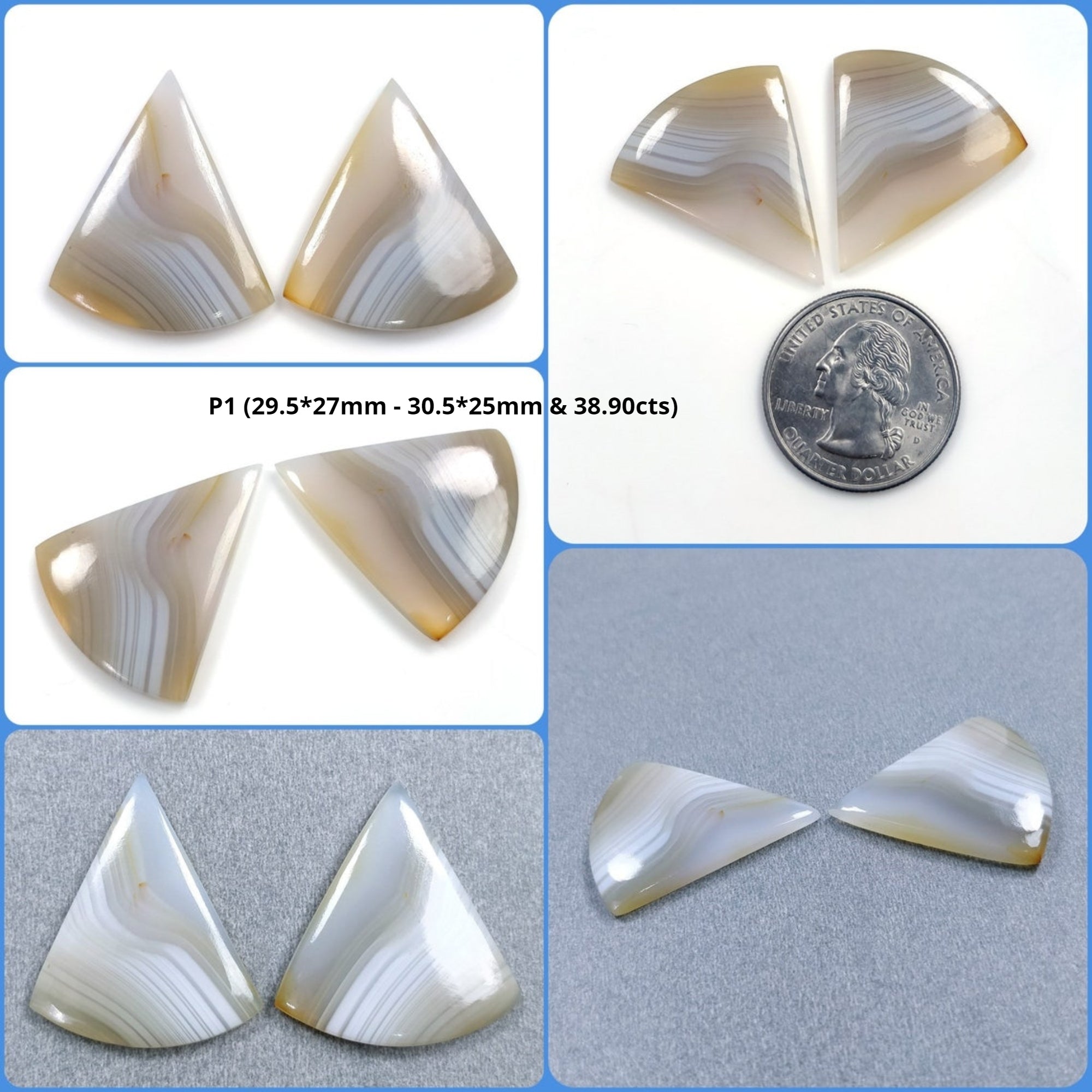 Natural Untreated Botswana Agate Gemstone Cabochon - Bi-Color Agate Trillion & Unique Shape Pair (2pcs) for Jewelry Making, Wire Wrapping & Healing Crystal Collection