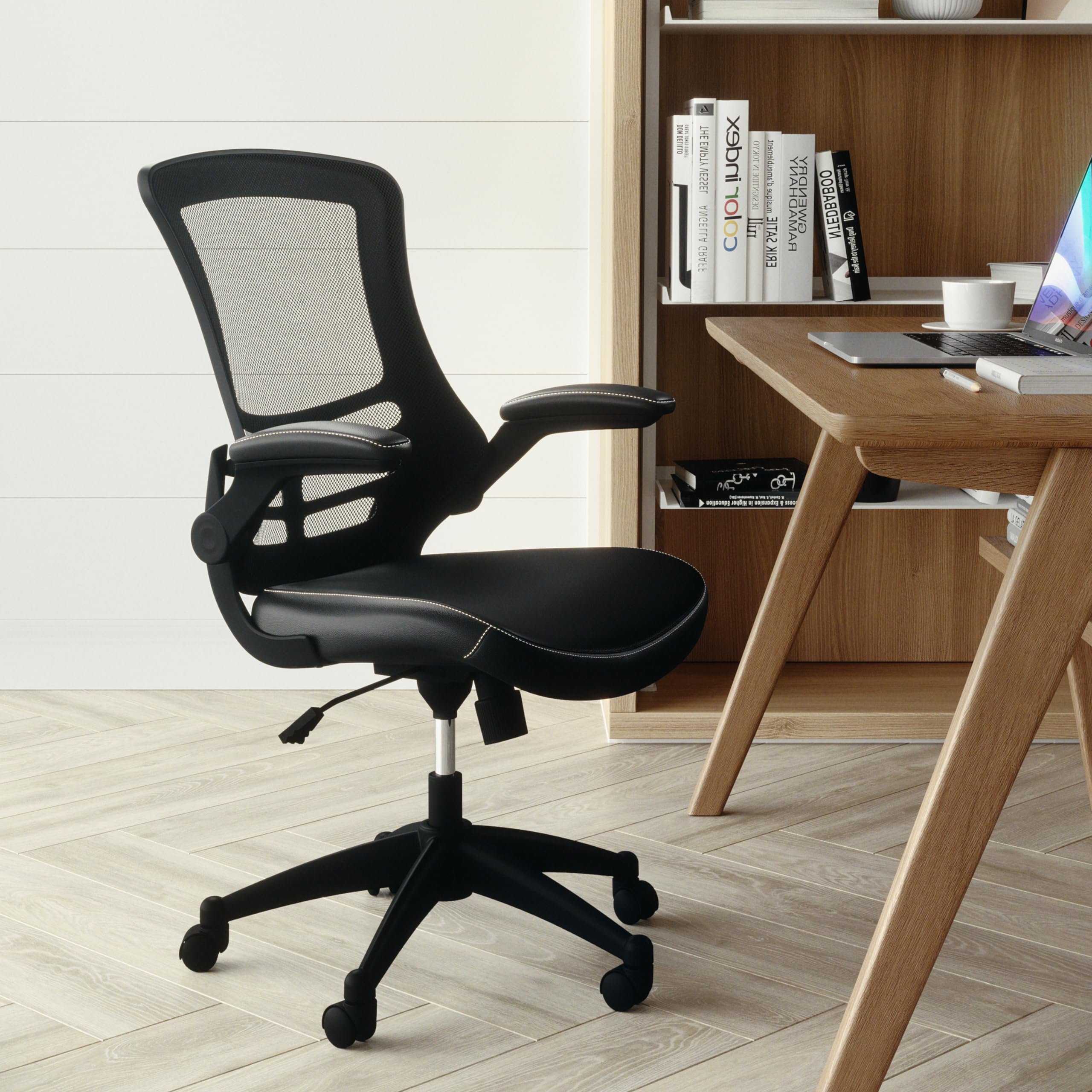EMMA + OLIVER Ergonomic Office Chair with Wheels - Adjustable Swivel Mid-Back Mesh Chair with PU Leather Seat for Home Office, Gaming & Study - Comfortable Desk Chair for Long Hours of Work