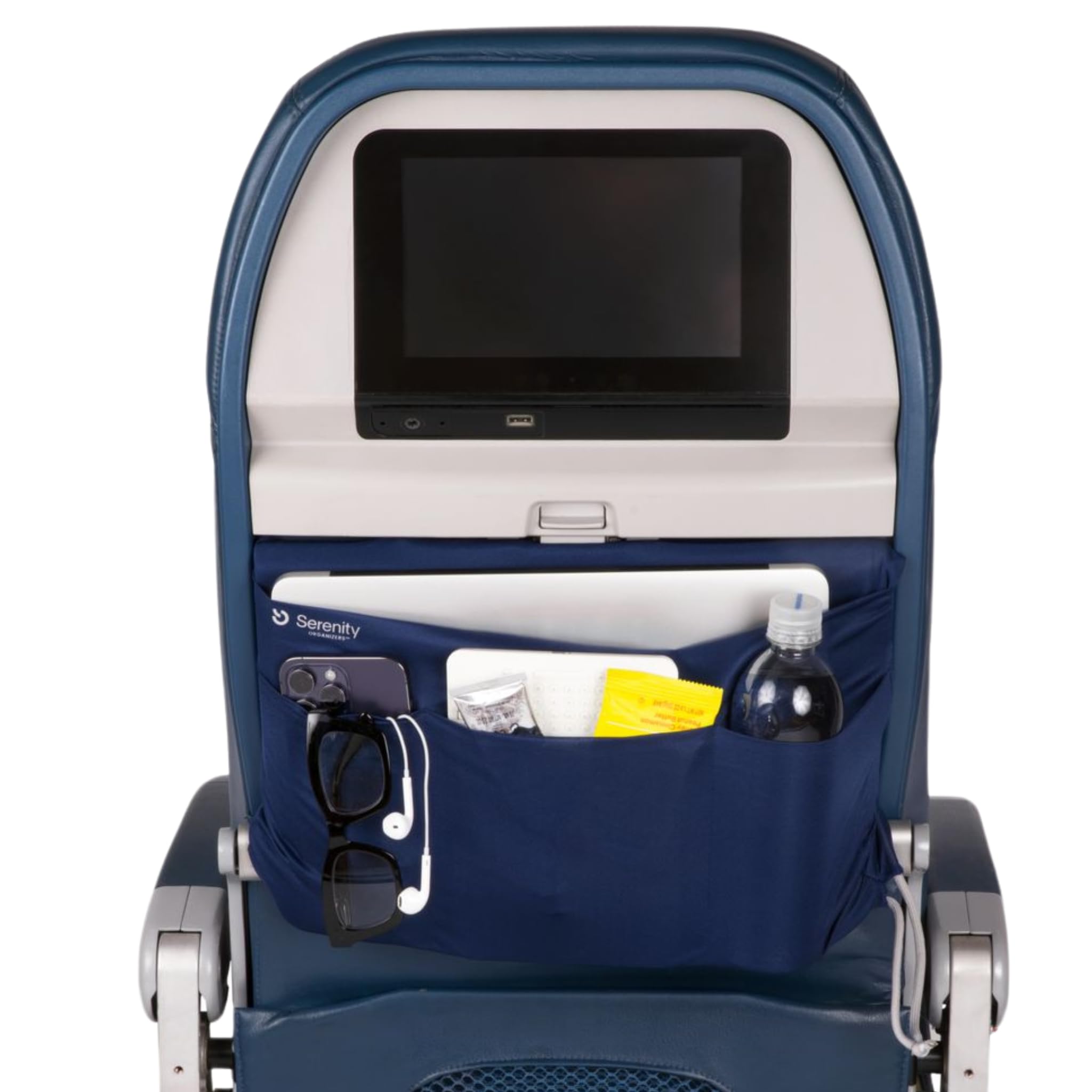 **Airplane Tray Organizer with 4 Storage Pockets – Convertible Drawstring Tote, Washable & Lightweight (2.8 oz) – Back Seat Tray Cover for Travel Essentials – Perfect for Flights, Road Trips & Kids' Activities**
