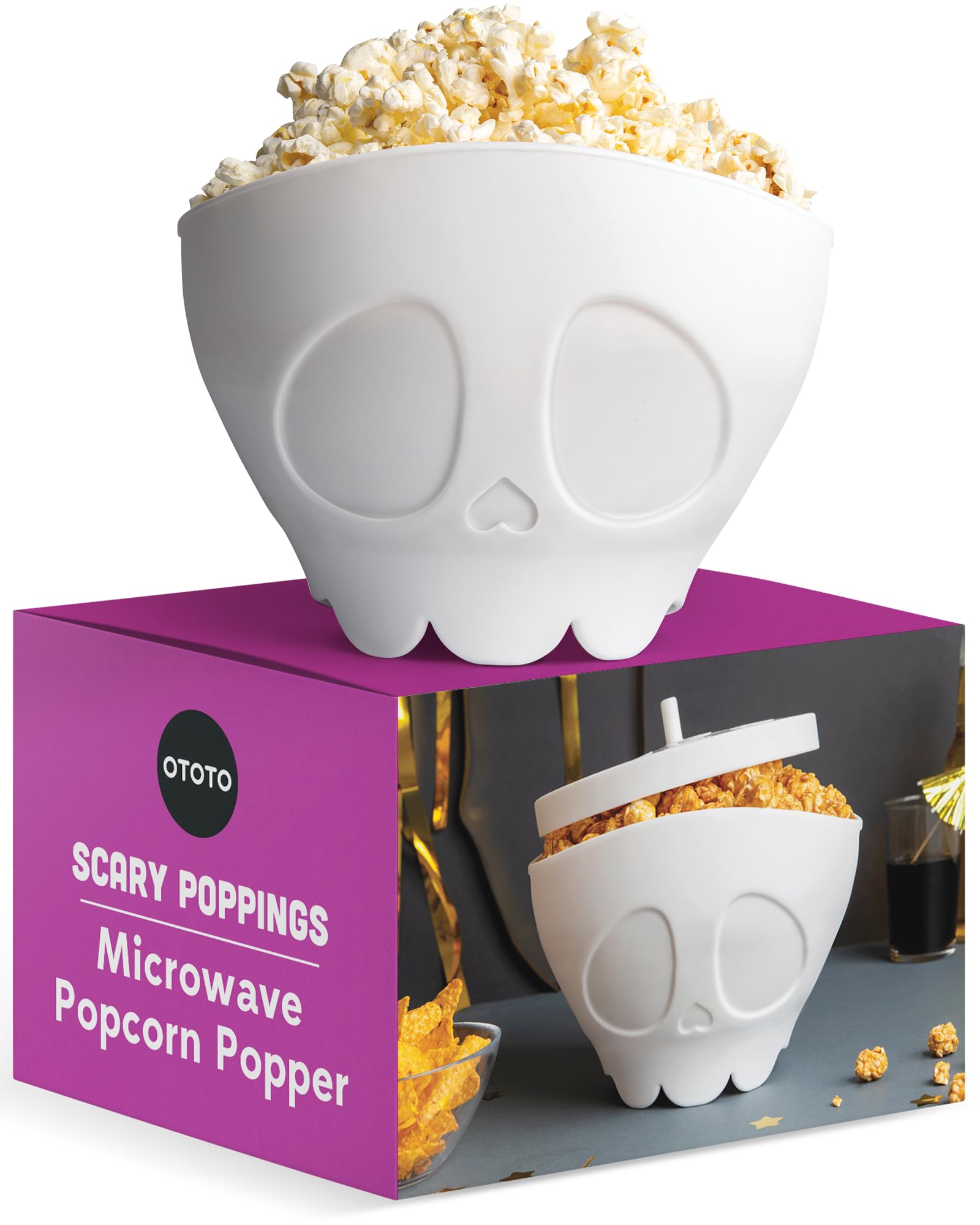 OTOTO Gothic Microwave Popcorn Popper - Scary Halloween Silicone Popcorn Maker with Collapsible Bowl, Perfect for Movie Nights & Spooky Party Decor (White)