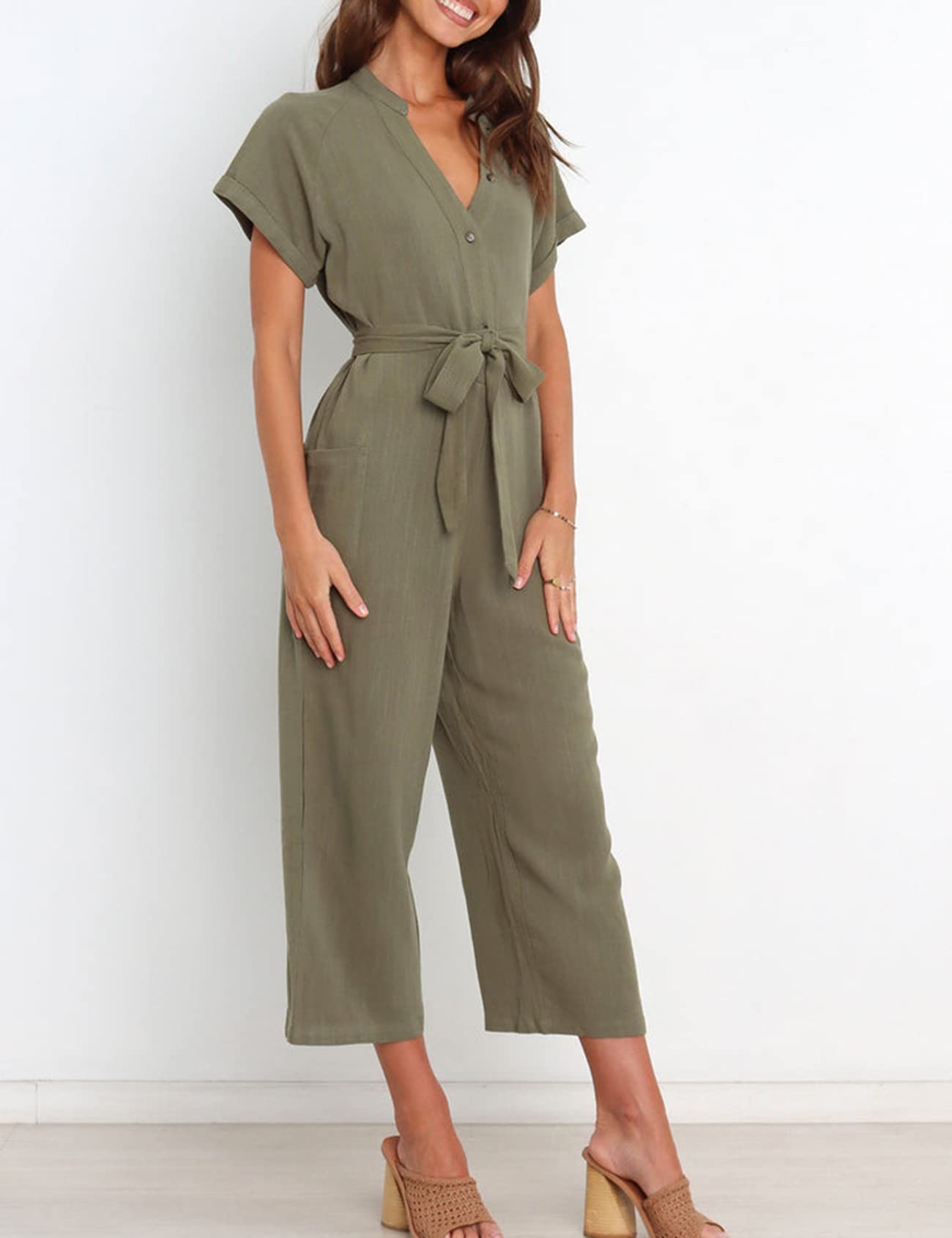 Kissonic Women's Short Sleeve V-Neck Button Down Wide Leg Jumpsuit with Belt - Casual Summer Romper for Beach, Travel & Everyday Wear