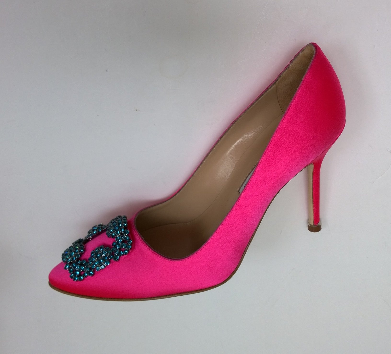 Manolo Blahnik Hangisi 105mm Bright Pink Heels with Turquoise Rhinestone Buckle - Luxury Designer Pumps for Weddings, Parties & Special Occasions