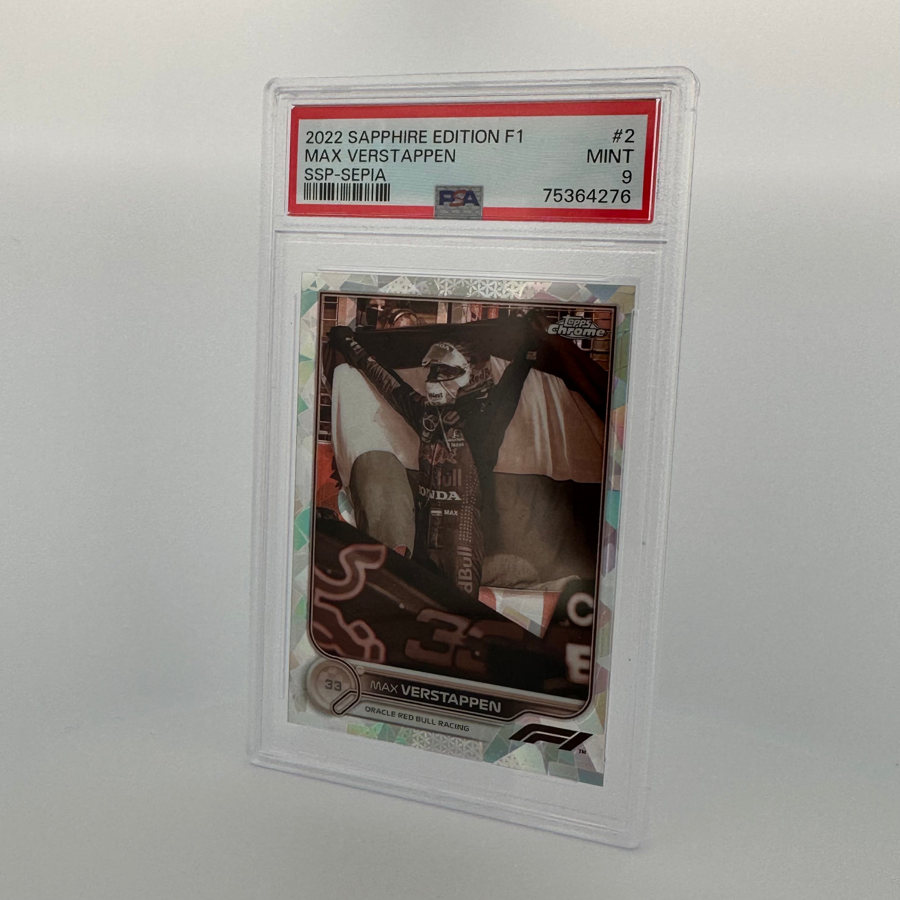 PSA 9 Graded /100 SAPPHIRE EDITION 2 MAX VERSTAPPEN SSP SEPIA Trading Card - Rare Collectible for Sports Memorabilia & Racing Fans