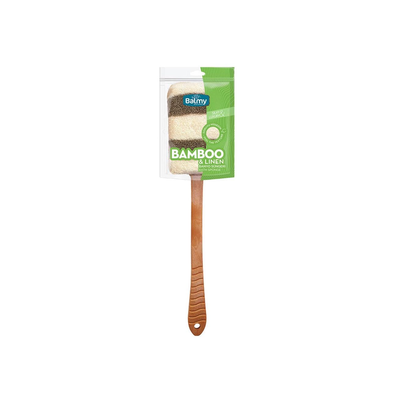 Natural Bamboo Linen Bath Sponge with Handle - Exfoliating & Eco-Friendly Shower Scrubber for Gentle Skin Cleansing - Perfect for Spa, Bath & Body Care Routine