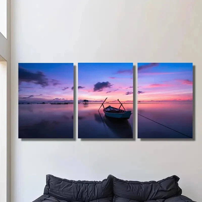3-Piece Ocean Sunset Boat Cloud Purple Metal Wall Art - Ready to Hang Decor for Living Room, Bedroom & Office