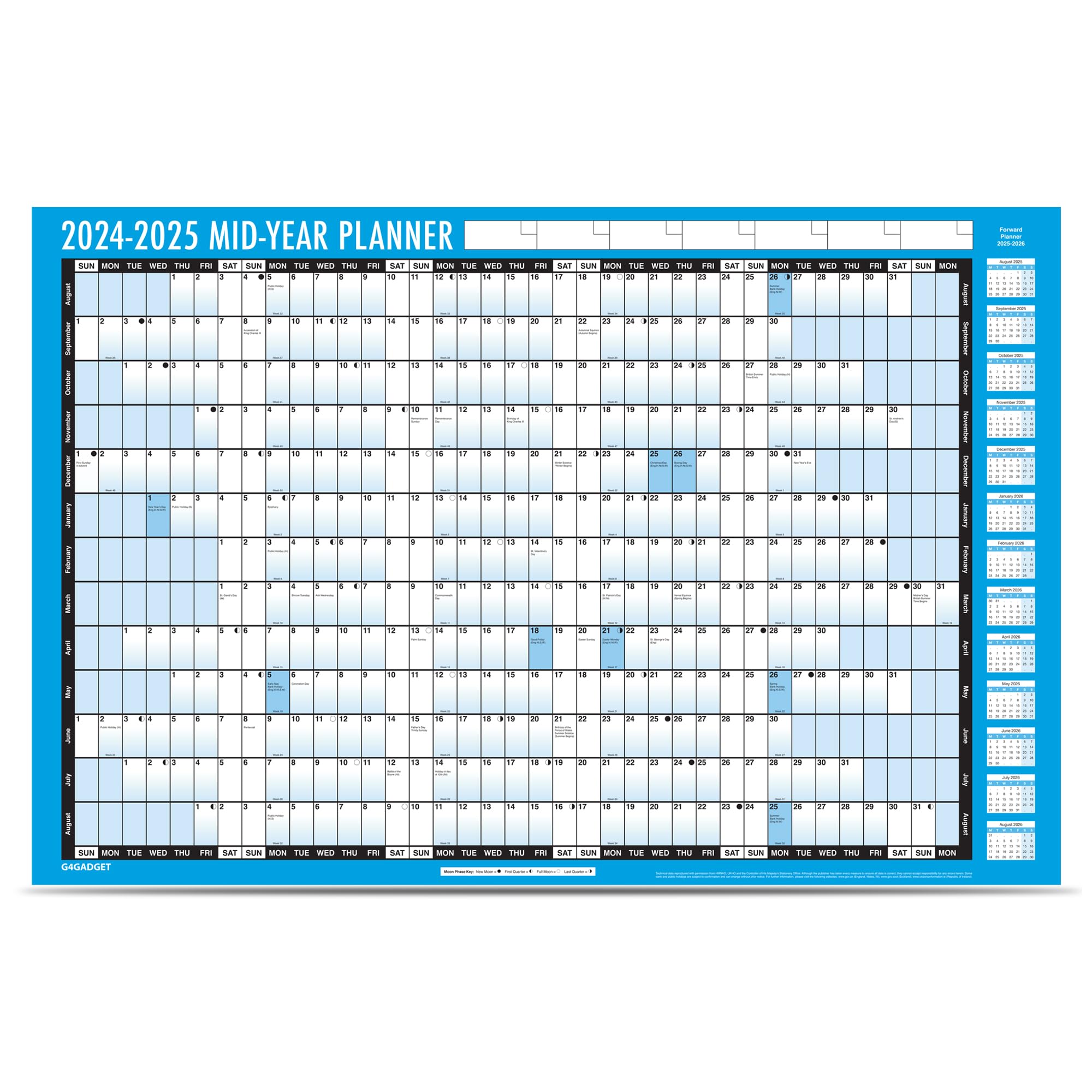G4GADGET Academic Mid Year Planner 2024-2025 | Large A1 Size Wall Calendar (85cm x 58cm) | 13-Month Yearly Planner with UK Holidays | Perfect for Office, Home & School Organization | Great for Students, Teachers & Professionals