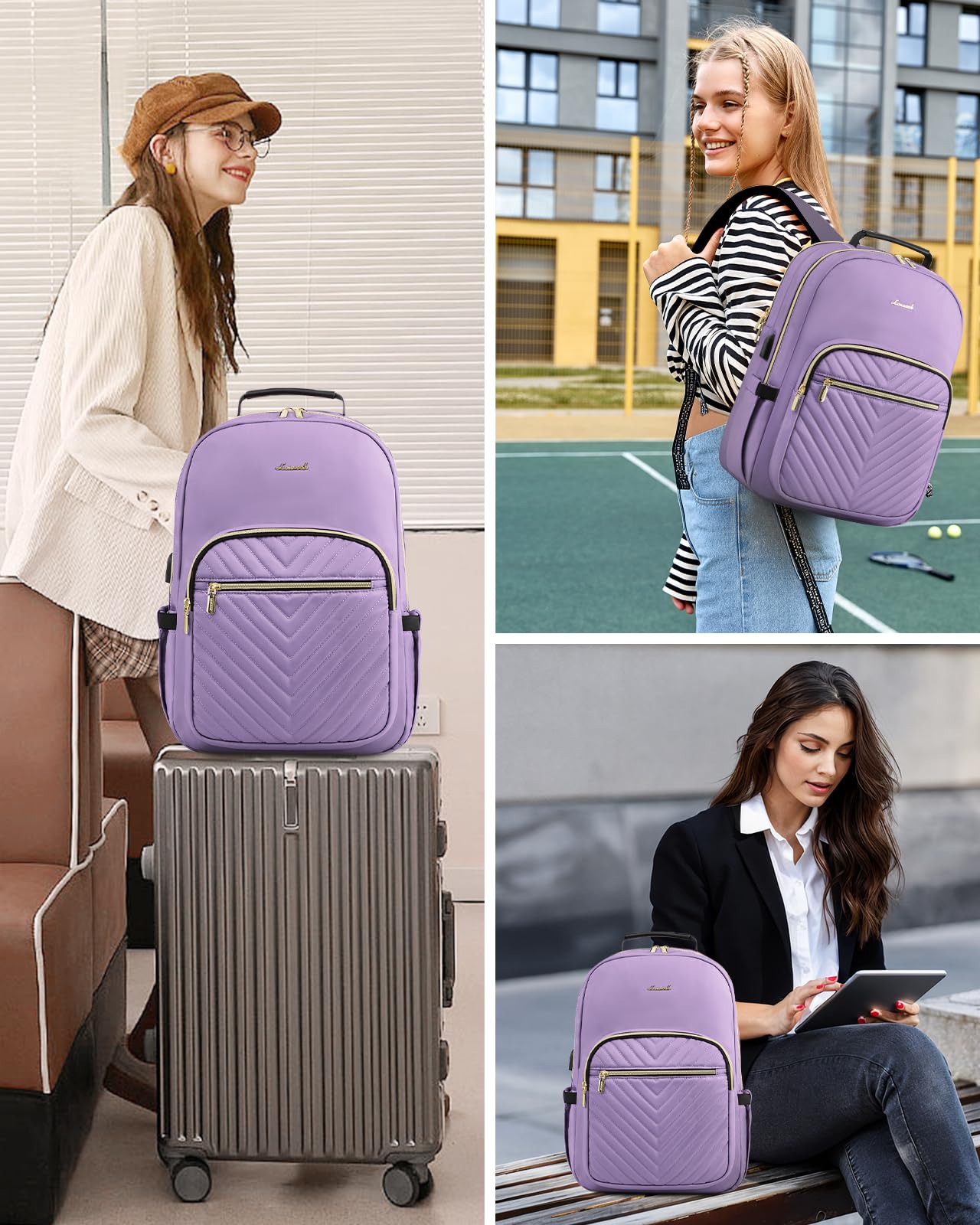 LOVEVOOK Women's Laptop Backpack Purse - Stylish Quilted Work Travel Computer Bag with USB Port, Fits 15.6 Inch Laptop - Perfect for College, School, Office & Daily Commute - Purple Daypack for Students & Professionals