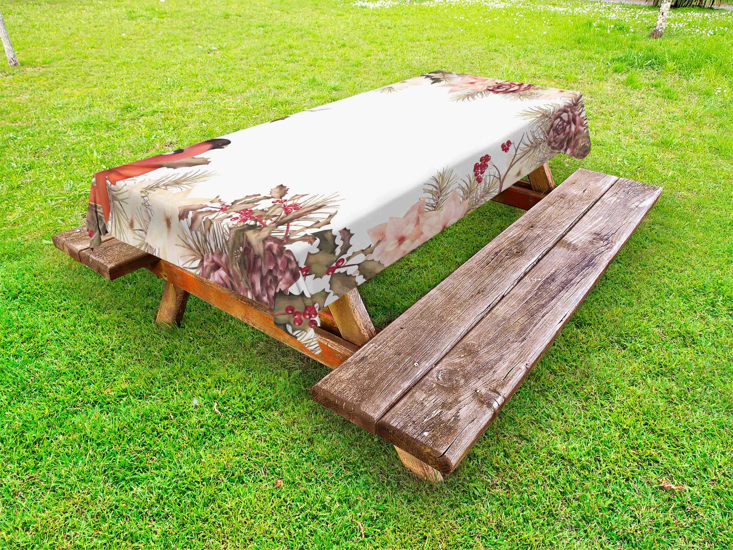 Ambesonne Vintage Floral Tablecloth - Eurasian Bullfinch & Cedar Branch Design, Washable Picnic Table Cover 58x120 Inches, Pale Peach - Perfect for Holiday Dinners, Outdoor Parties & Christmas Decorations