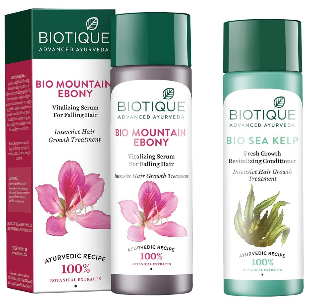 Biotique Bio Sea Kelp Fresh Growth Revitalizing Conditioner & Bio Mountain Ebony Hair Growth Serum - 120ml Each for Damaged Hair Repair & Thinning Hair Treatment - Perfect for Daily Hair Care Routine & Scalp Nourishment
