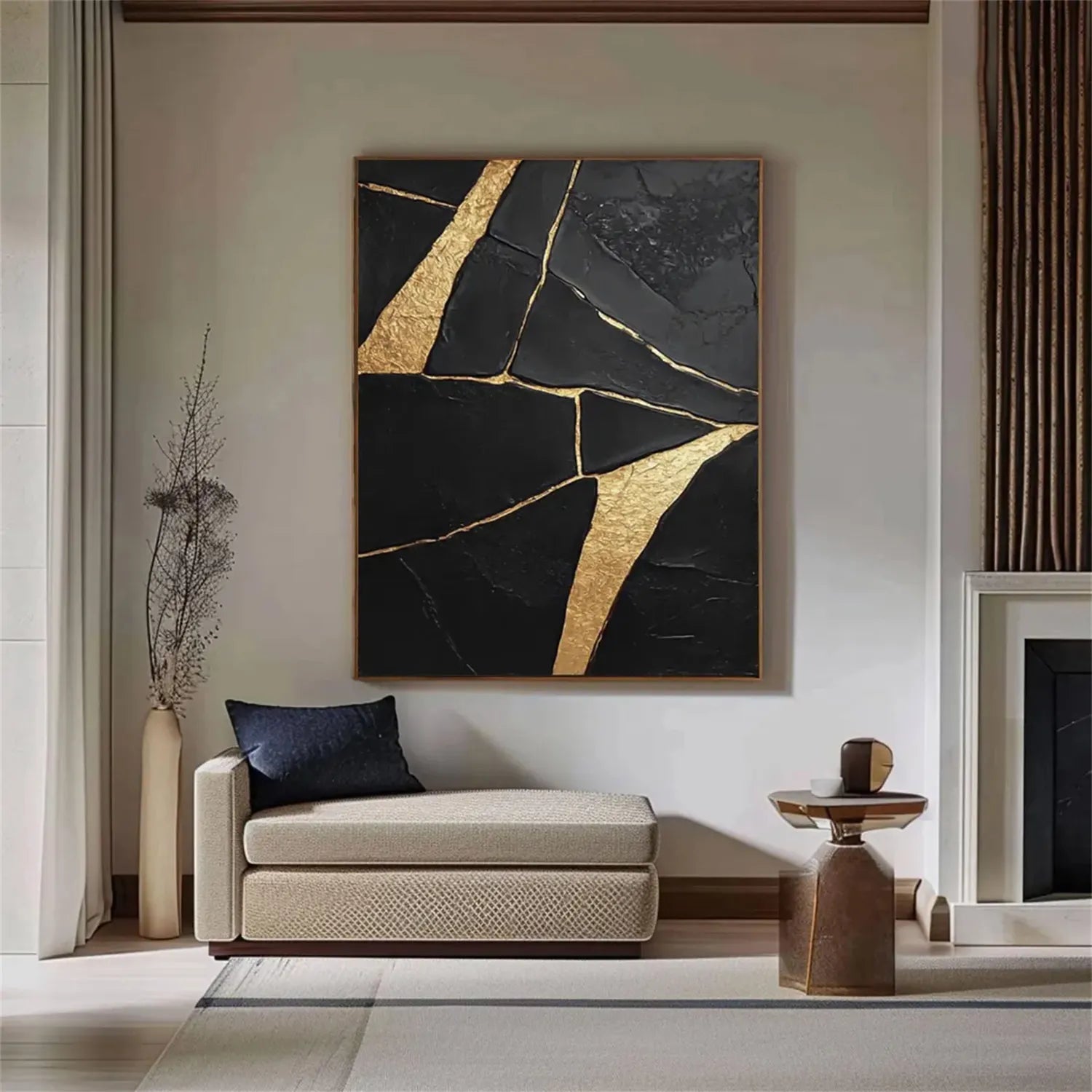 Black Gold Minimalist Textured Painting Canvas Wall Art - Modern Abstract Home Decor for Living Room, Bedroom & Office | Premium Quality #MZ123