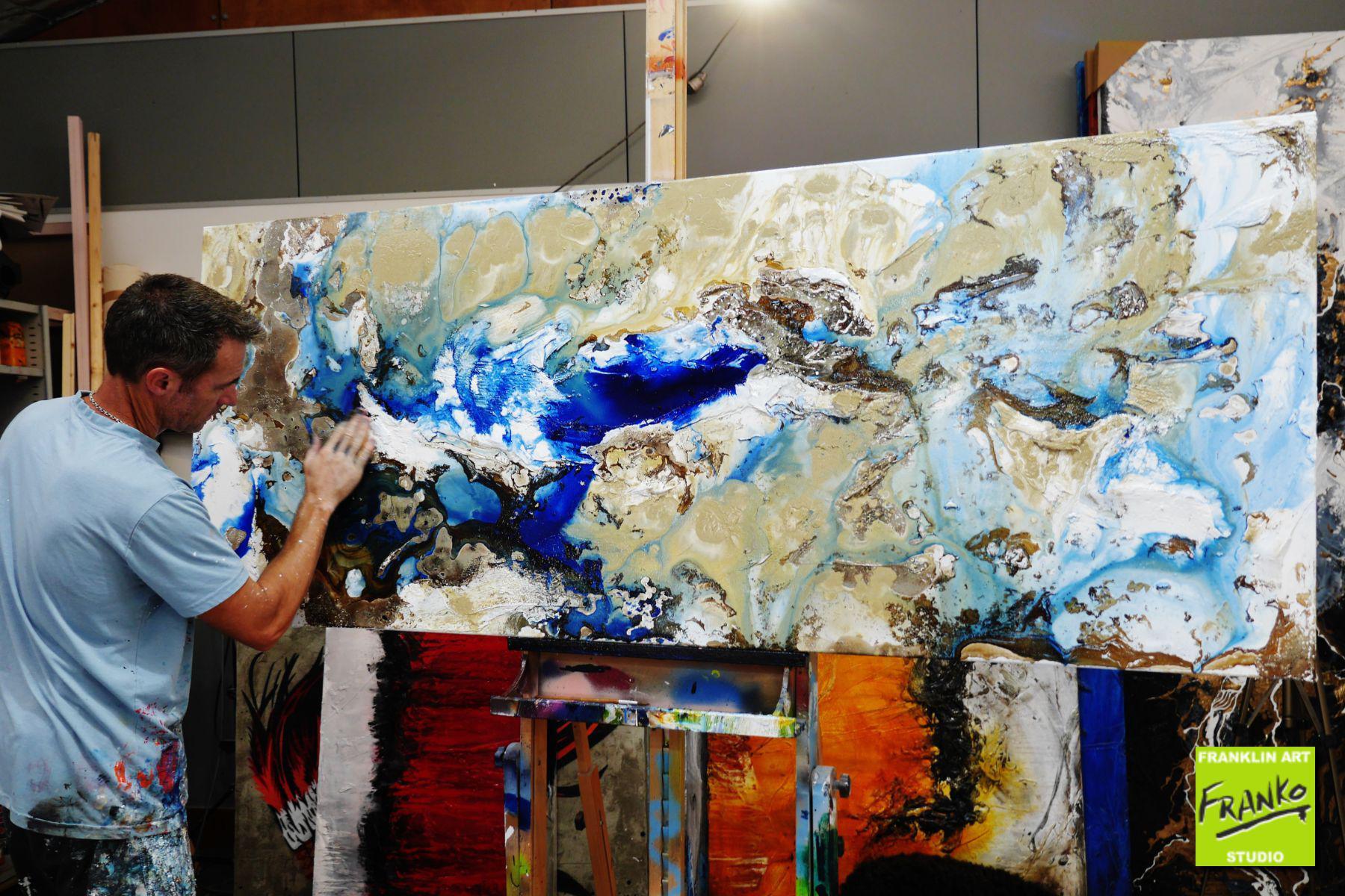 Rusted Lake 200cm x 80cm White Brown Blue Textured Abstract Canvas Art - Modern Wall Decor for Living Room, Bedroom & Office