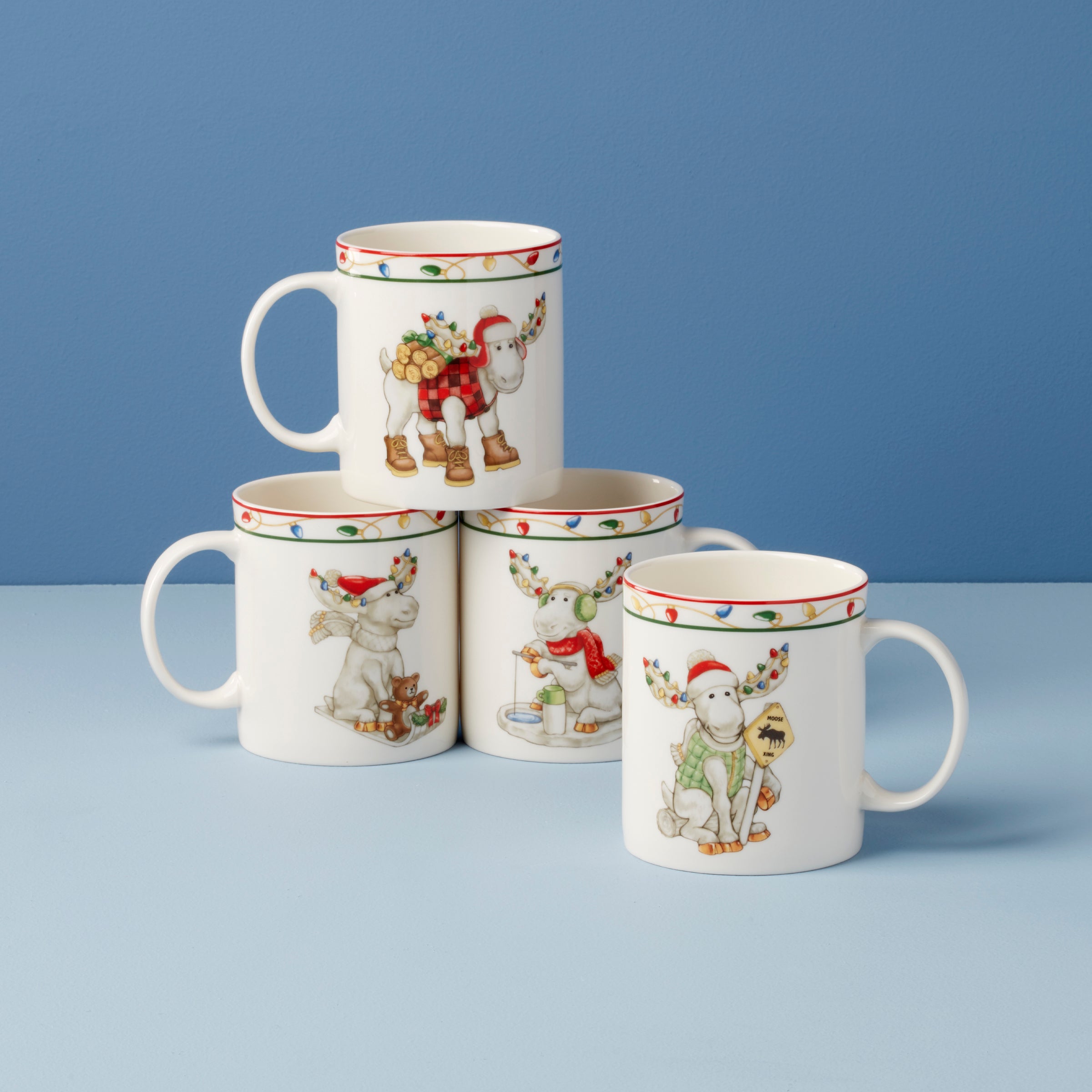 Merry Marcel Moose Mugs Set of 4 - Ceramic Coffee Cups with Cute Moose Design for Hot & Cold Drinks - Perfect for Christmas Gifts, Home Decor, and Cozy Winter Mornings