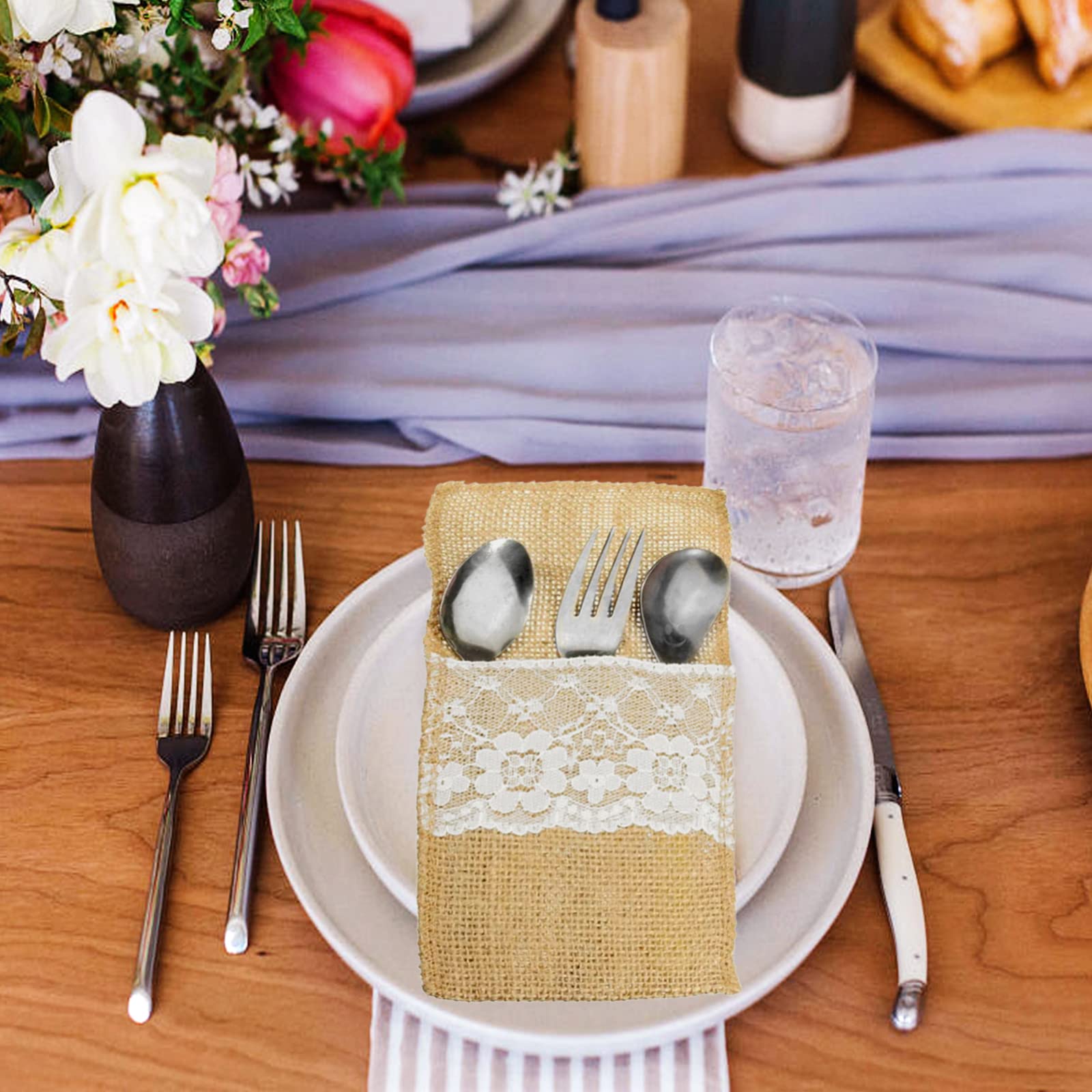 50 PCS 4x8 Inch Burlap Silverware Holders - Rustic Cutlery Pouches for Wedding Utensil Bags, Knives & Forks Organizer - Perfect for Rustic Wedding Decor, Party Favors, and Farmhouse Table Settings