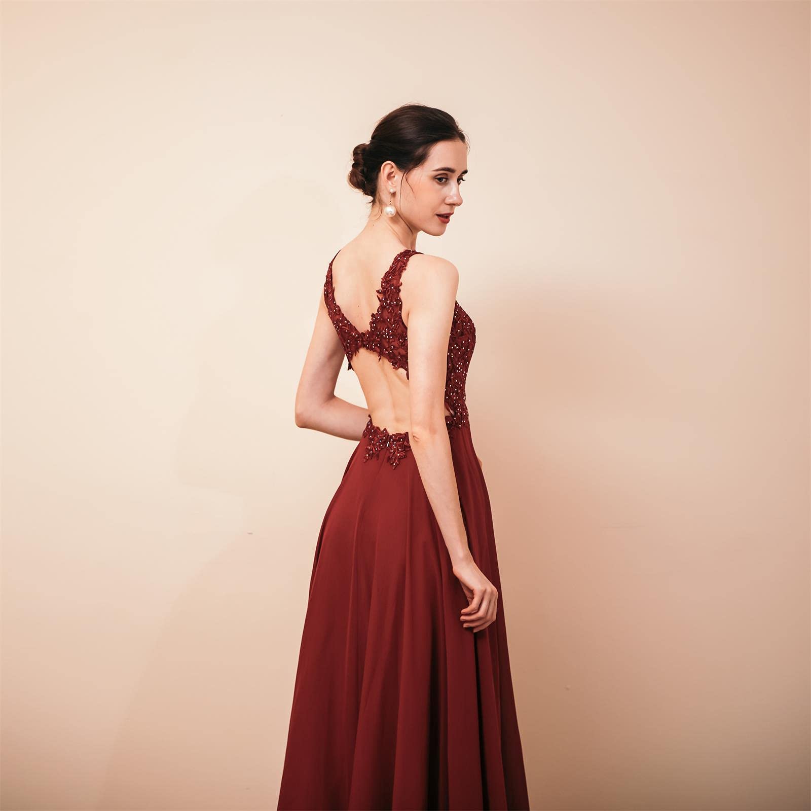 FCOMES Women's Lace Applique V-Neck Chiffon Bridesmaid Dress - A-Line Maxi Formal Gown with Slit for Wedding, Prom, Evening Party & Special Occasions