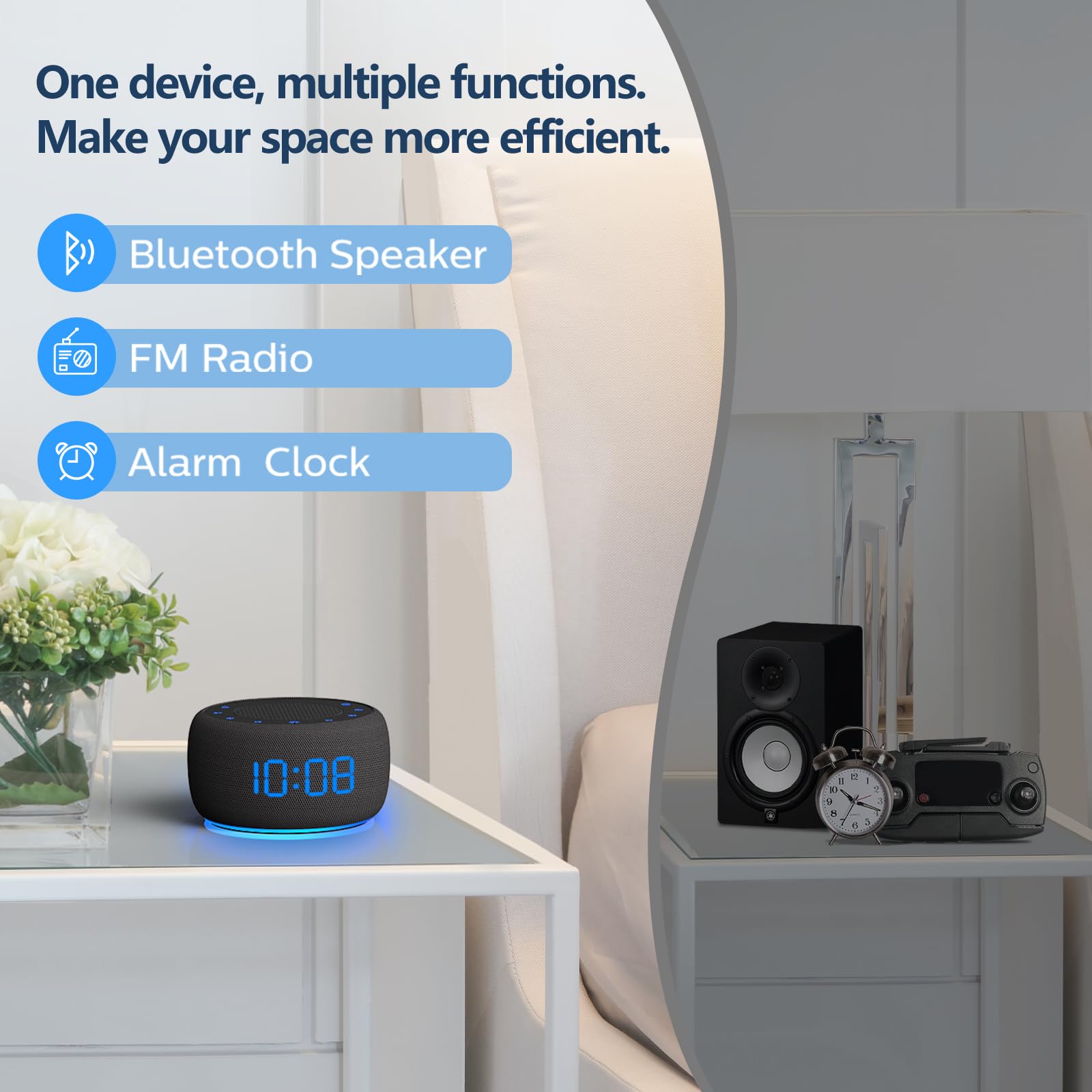 BUFFBEE Bluetooth Speaker Alarm Clock with FM Radio - High Fidelity Sound, Full Range Dimmer, Bedroom Alarm Clock for Home, Office, Travel & Outdoor Use