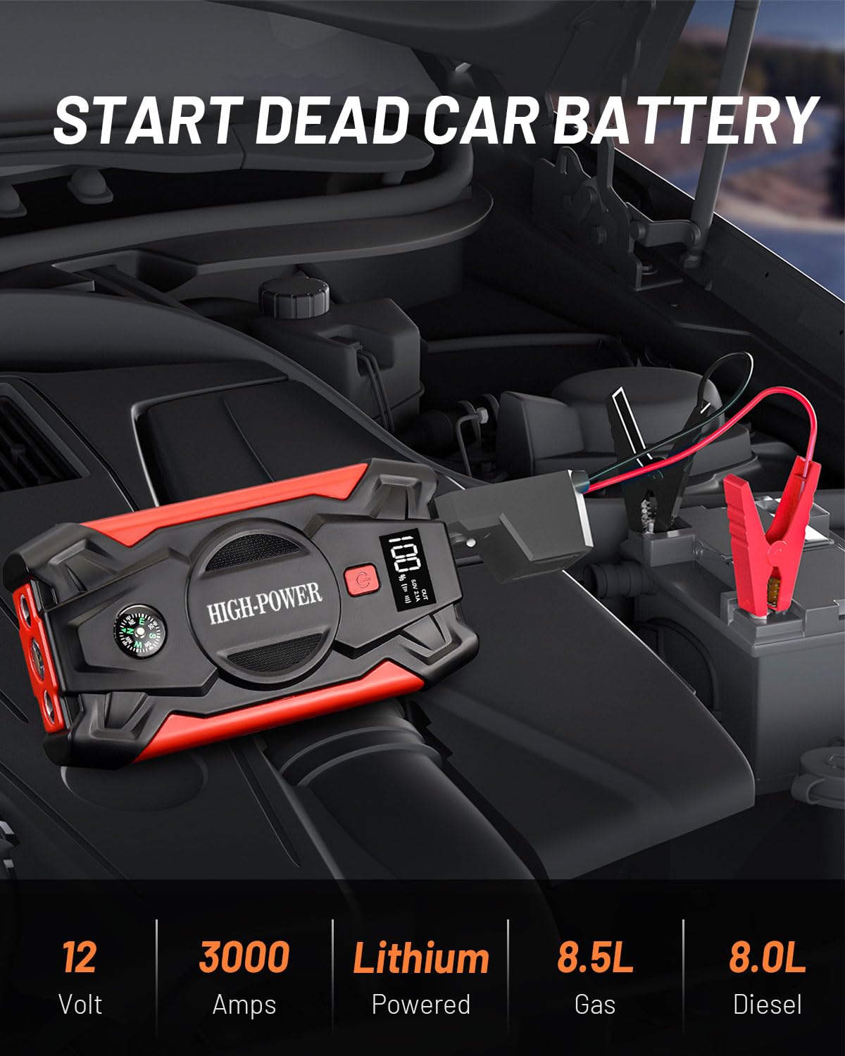 3000A Portable Car Jump Starter - 12V Battery Booster for Up to 8.5L Gas & 8.0L Diesel Engines with Power Bank, Smart Jumper Cables & 4-Mode Flashlight | Emergency Roadside Assistance, Camping, Power Outages